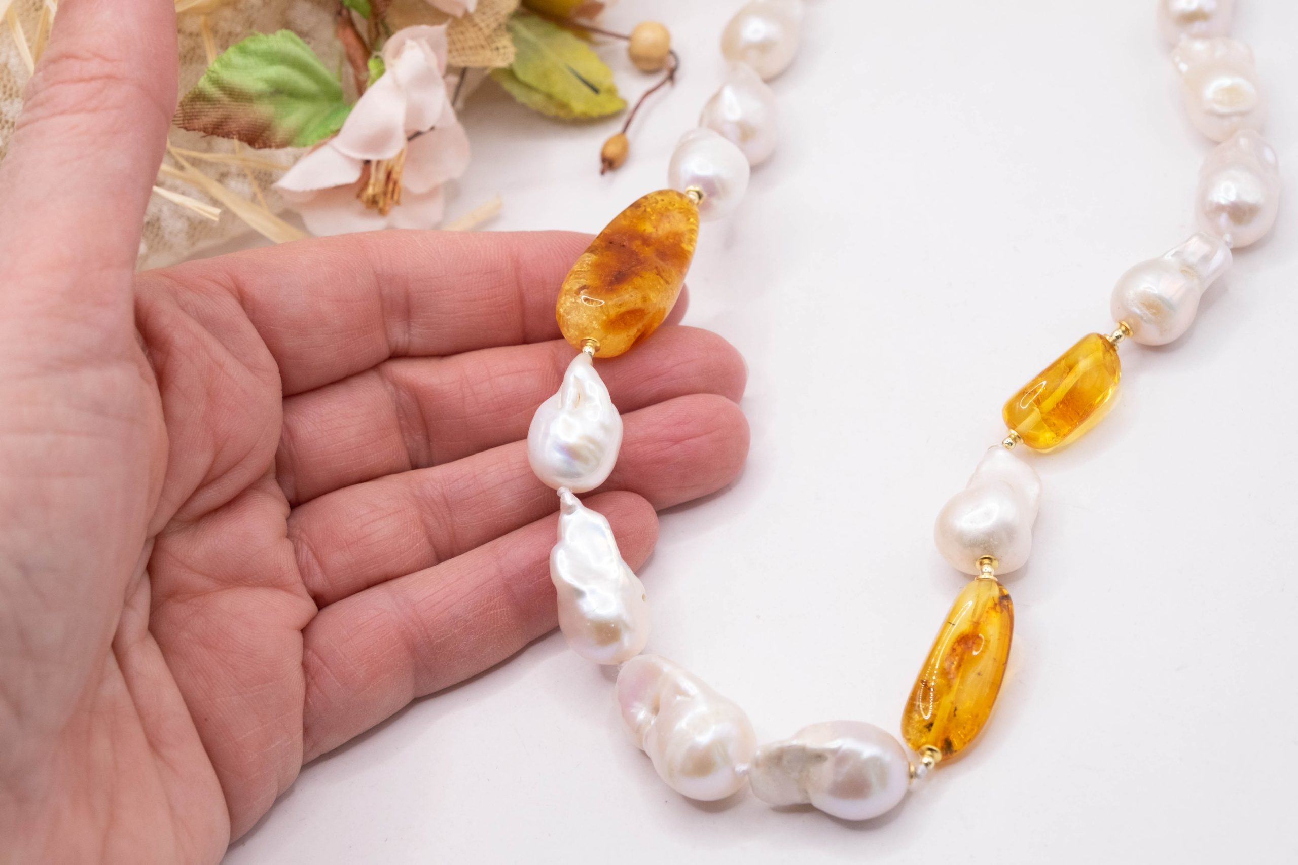 HANDMADE BALTIC AMBER PEARL NECKLACE 925 GOLD PLATED SILVER (1)