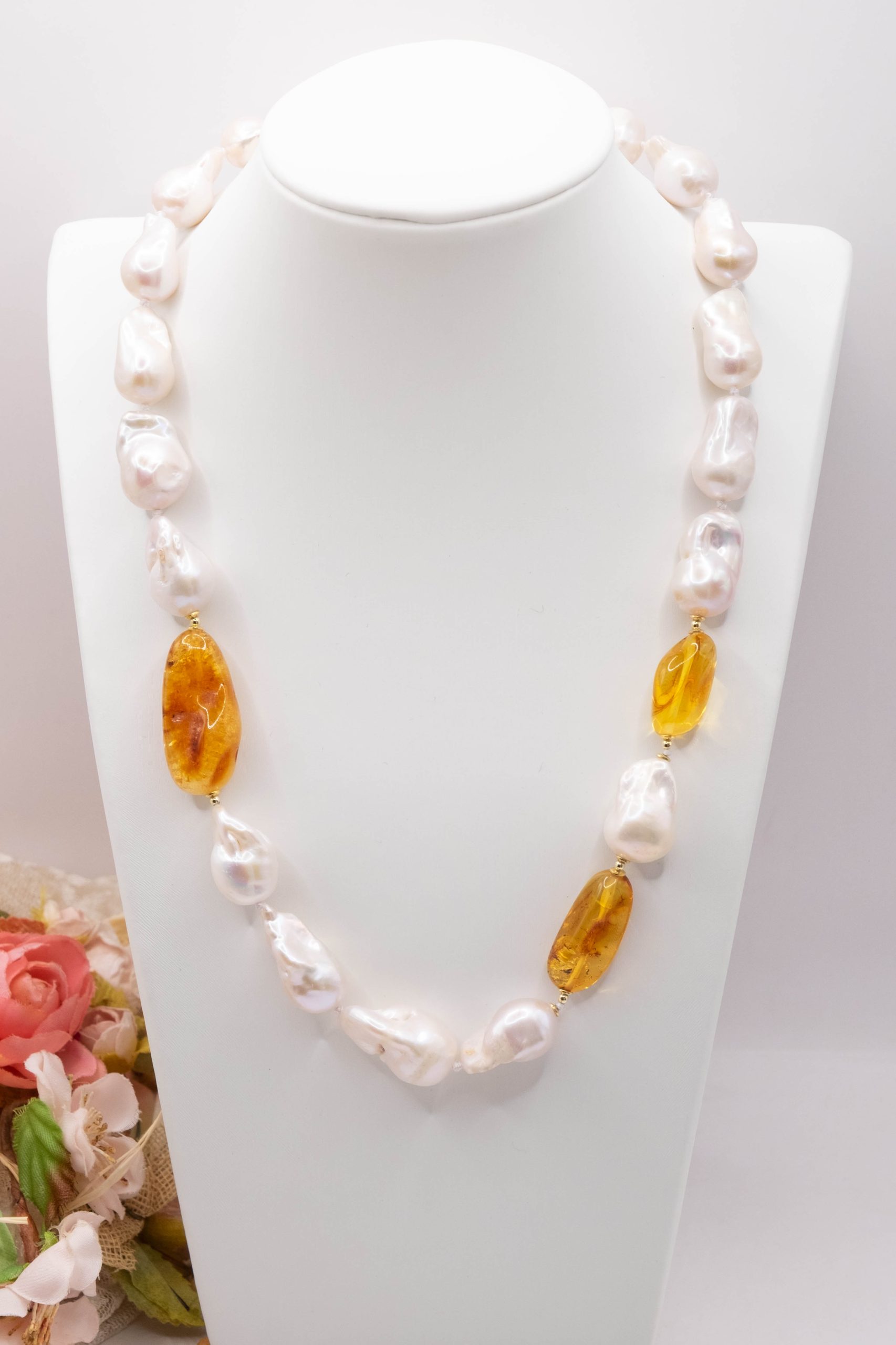 HANDMADE BALTIC AMBER PEARL NECKLACE 925 GOLD PLATED SILVER (2)