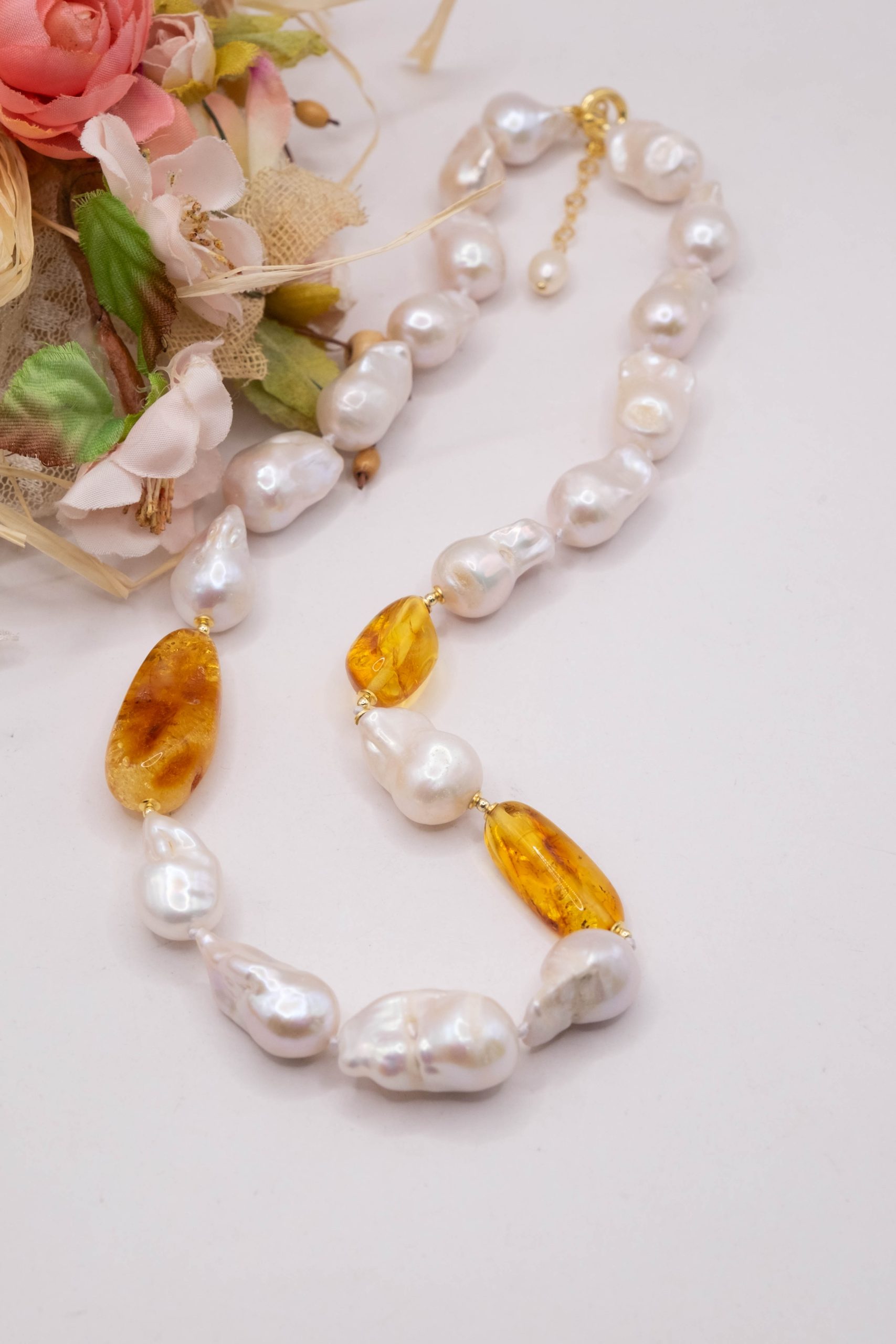 HANDMADE BALTIC AMBER PEARL NECKLACE 925 GOLD PLATED SILVER (3)