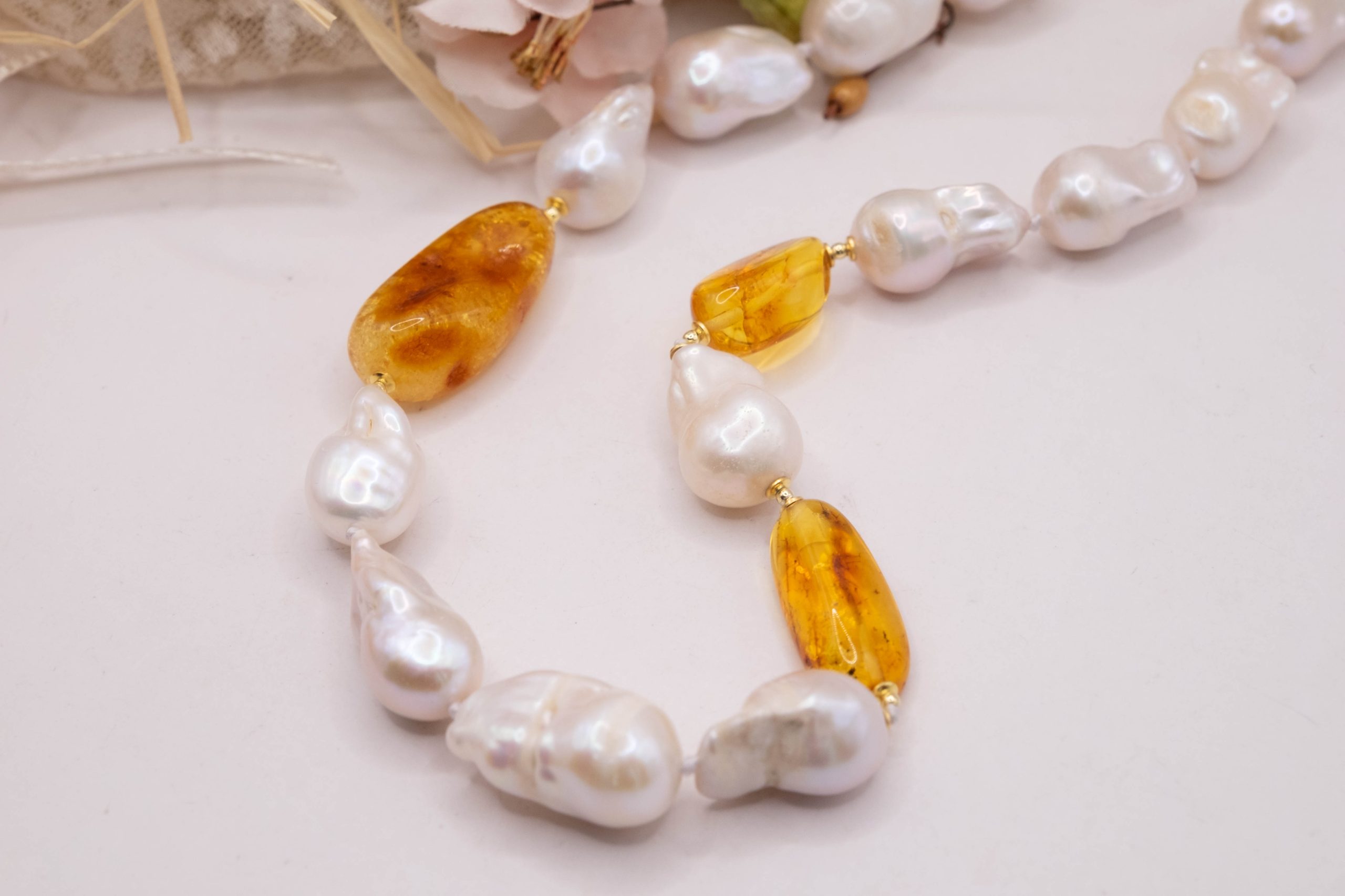 HANDMADE BALTIC AMBER PEARL NECKLACE 925 GOLD PLATED SILVER (4)