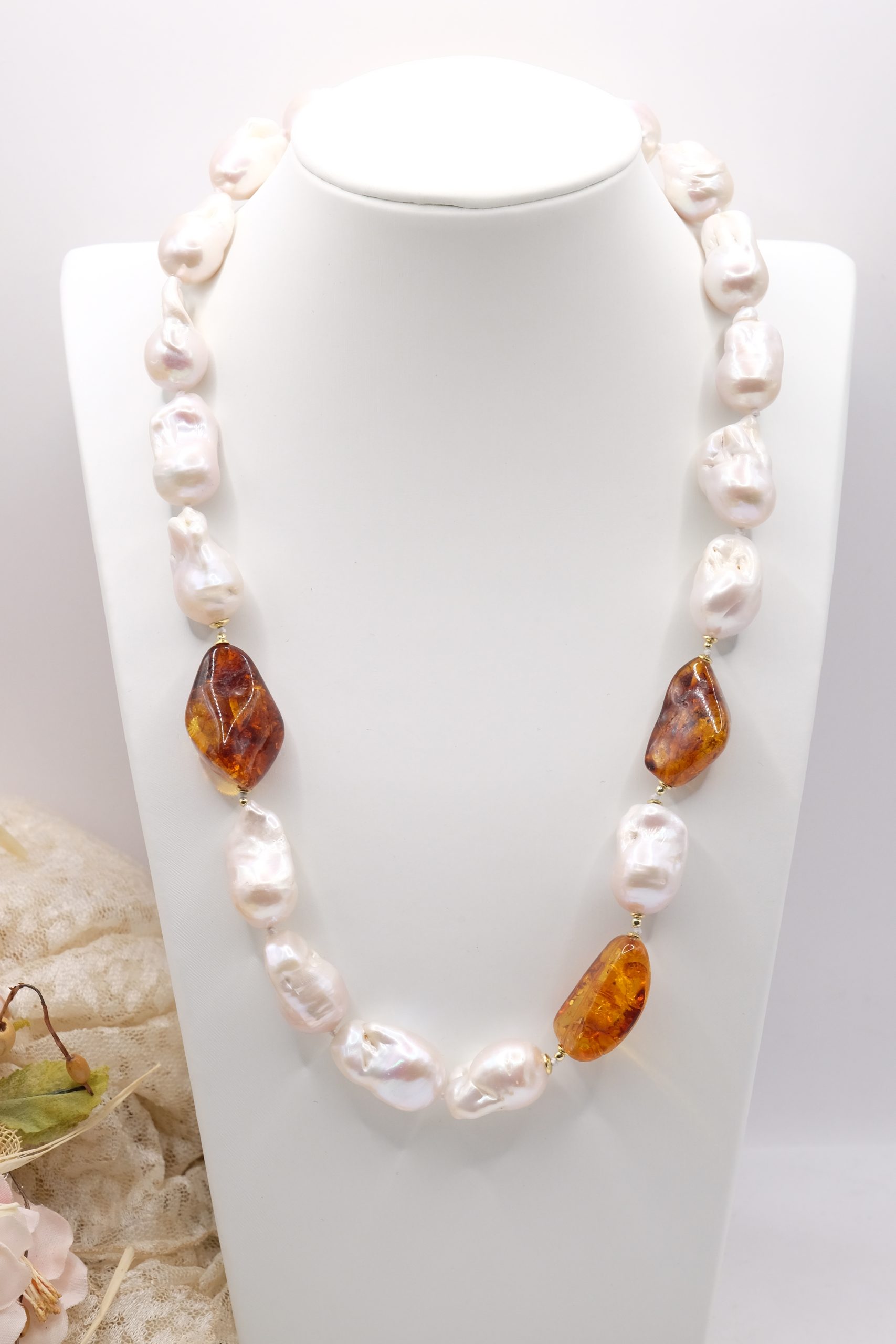 HANDMADE BALTIC AMBER PEARL NECKLACE 925 GOLD PLATED SILVER b