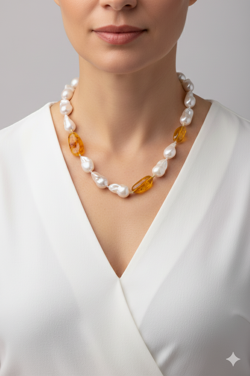 Handcrafted Baltic Amber Pearl Necklace in 925 Gold-Plated Silver