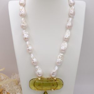 Collana Lariat a Y Perle Naturali Barocche Ambra Verde Argento 925