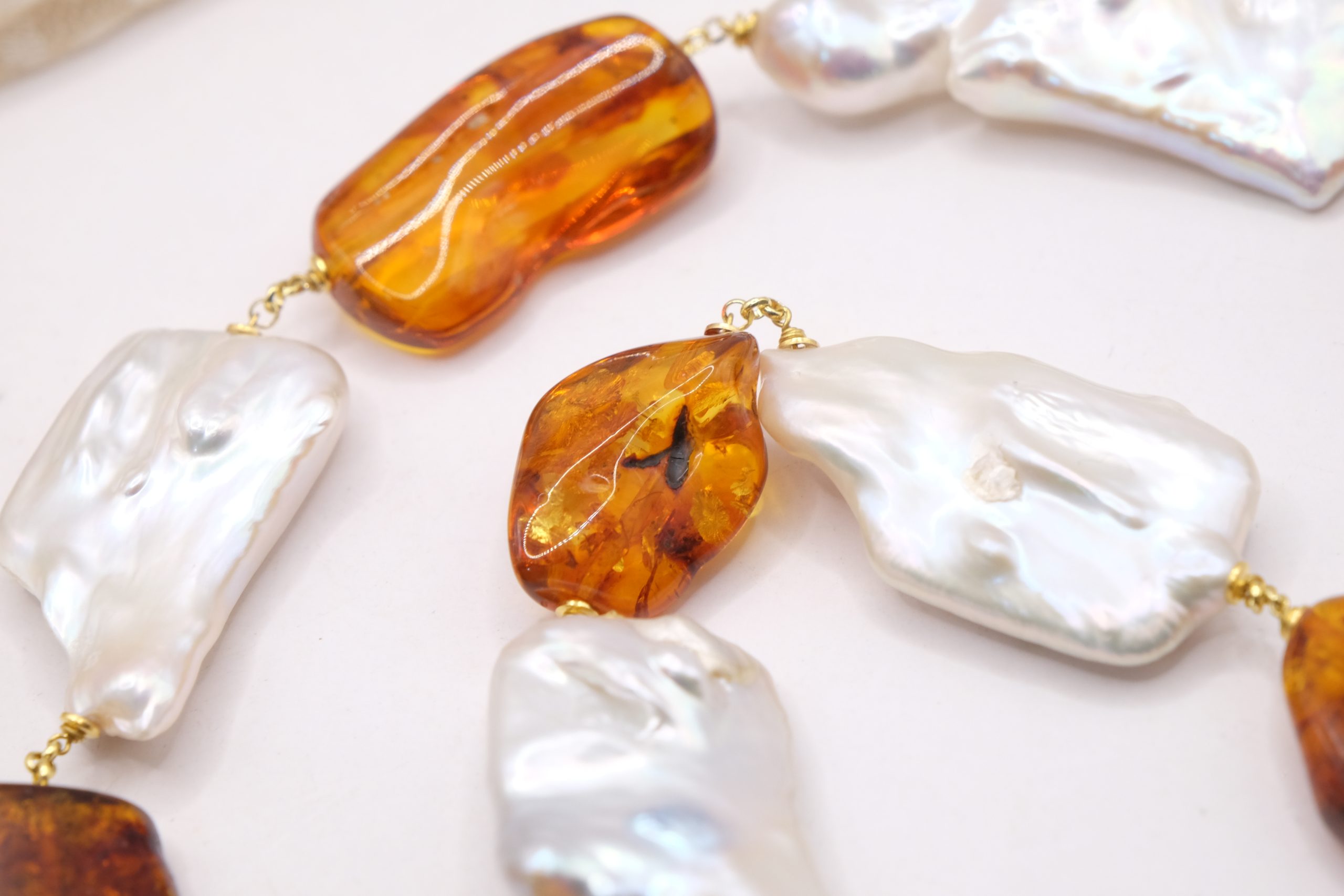 COLLANA ARTIGIANALE AMBRA GRANDI PERLE NATURALI ARGENTO 925 PLACCATO ORO (1)