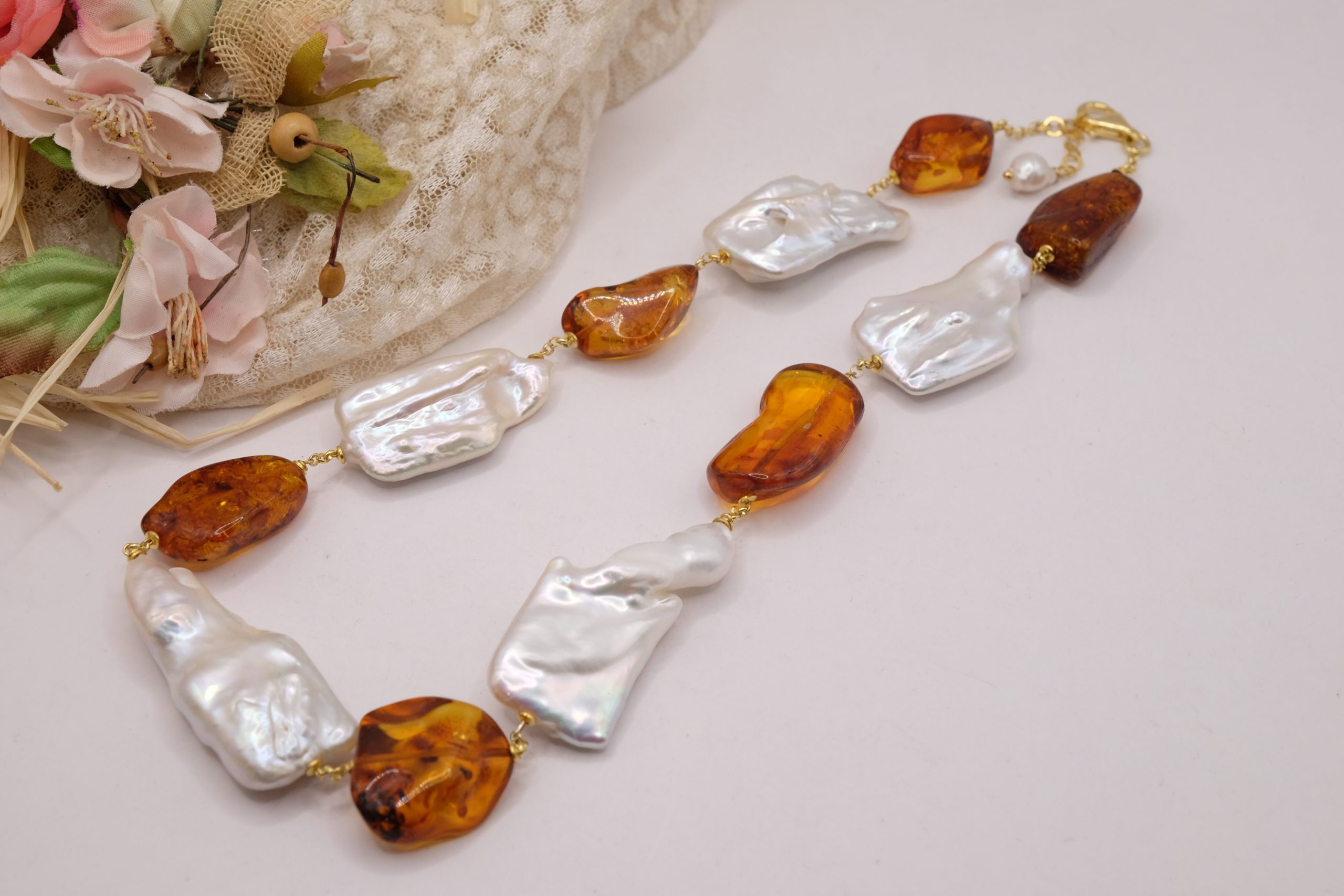 COLLANA ARTIGIANALE AMBRA GRANDI PERLE NATURALI ARGENTO 925 PLACCATO ORO (2)