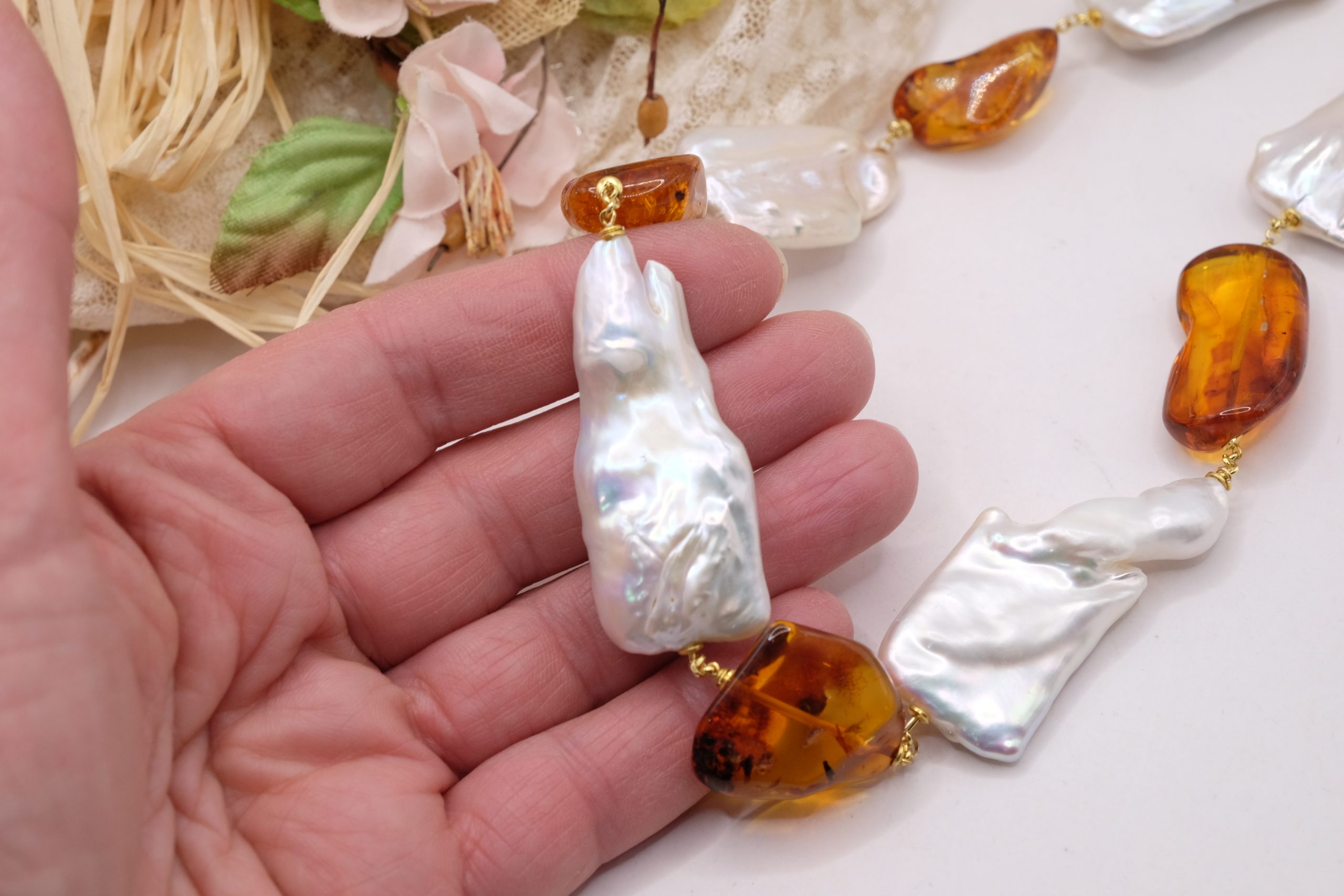 COLLANA ARTIGIANALE AMBRA GRANDI PERLE NATURALI ARGENTO 925 PLACCATO ORO (3)