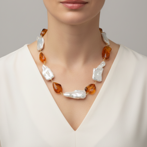 Collana Grandi Perle Naturali Barocche Ambra del Baltico Argento 925