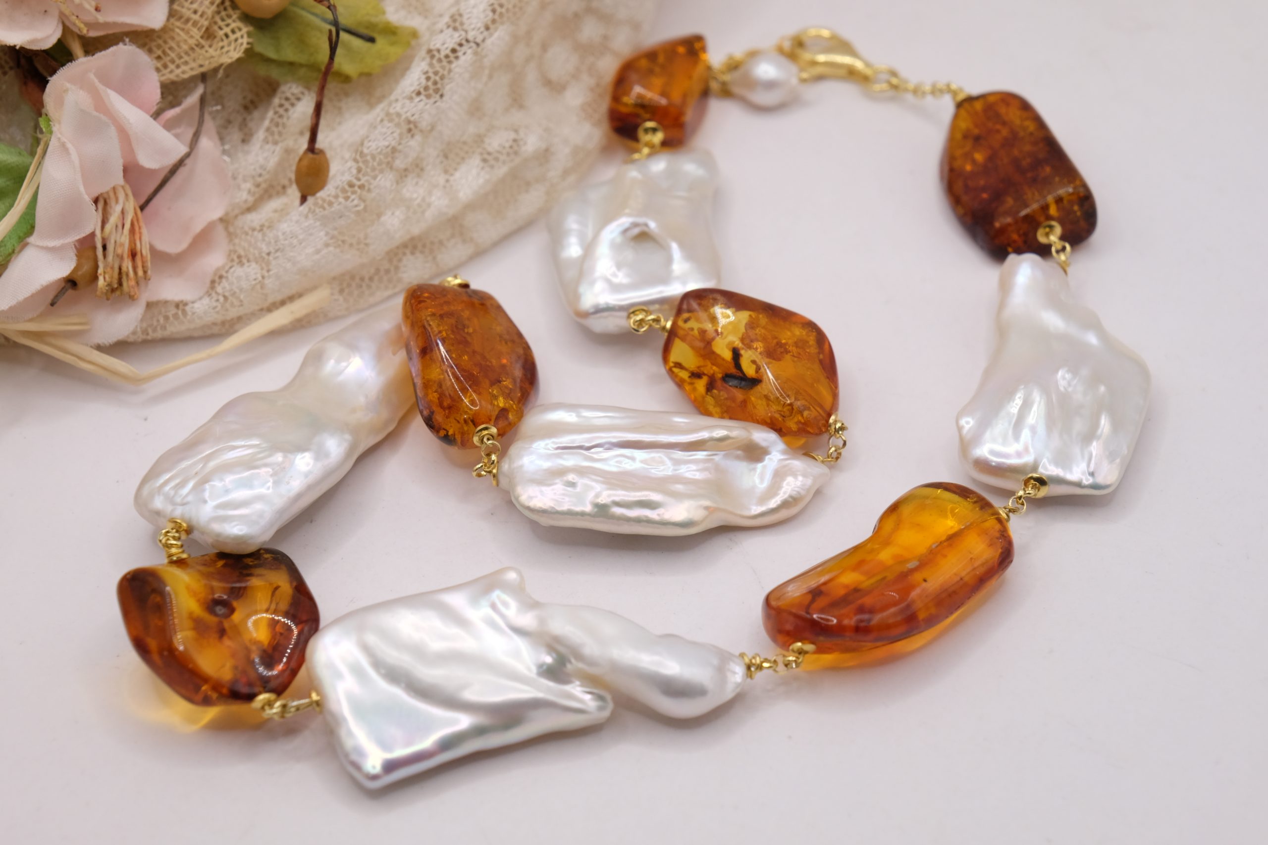 COLLANA ARTIGIANALE AMBRA GRANDI PERLE NATURALI ARGENTO 925 PLACCATO ORO (5)