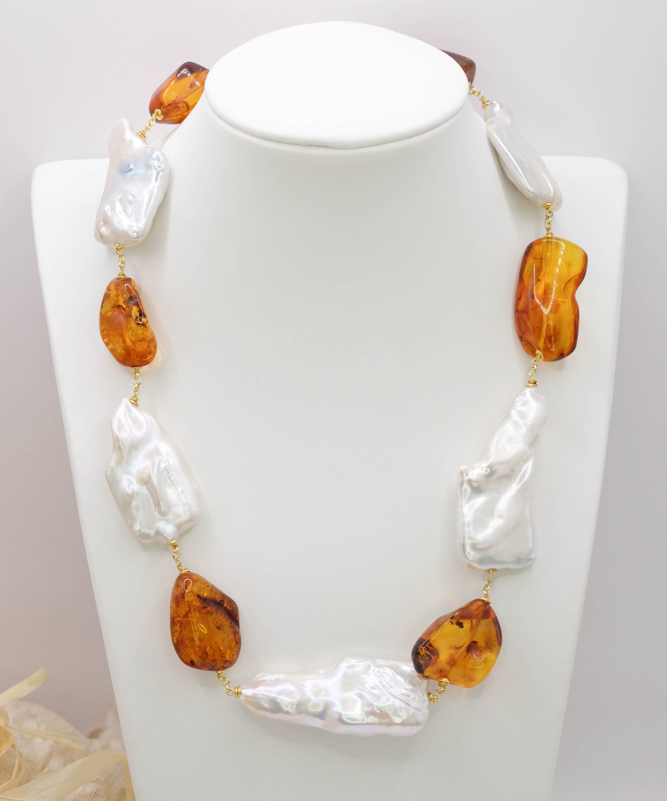 COLLANA ARTIGIANALE AMBRA GRANDI PERLE NATURALI ARGENTO 925 PLACCATO ORO