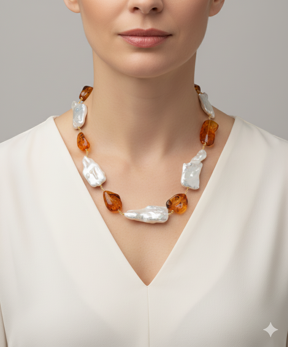 COLLANA ARTIGIANALE AMBRA GRANDI PERLE NATURALI ARGENTO 925 PLACCATO ORO