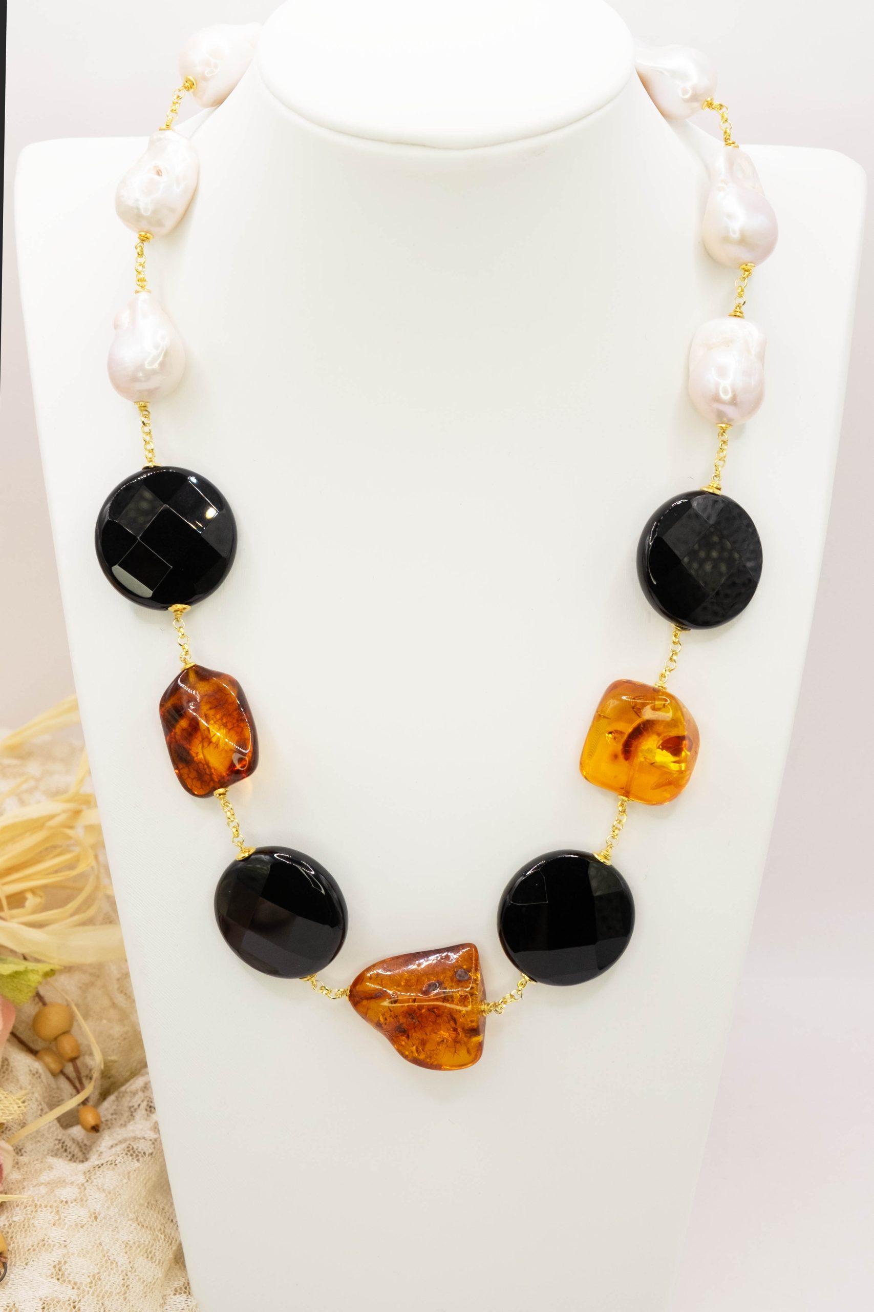 COLLANA ARTIGIANALE AMBRA ONICE PERLE ARGENTO 925 PLACCATO ORO (1)