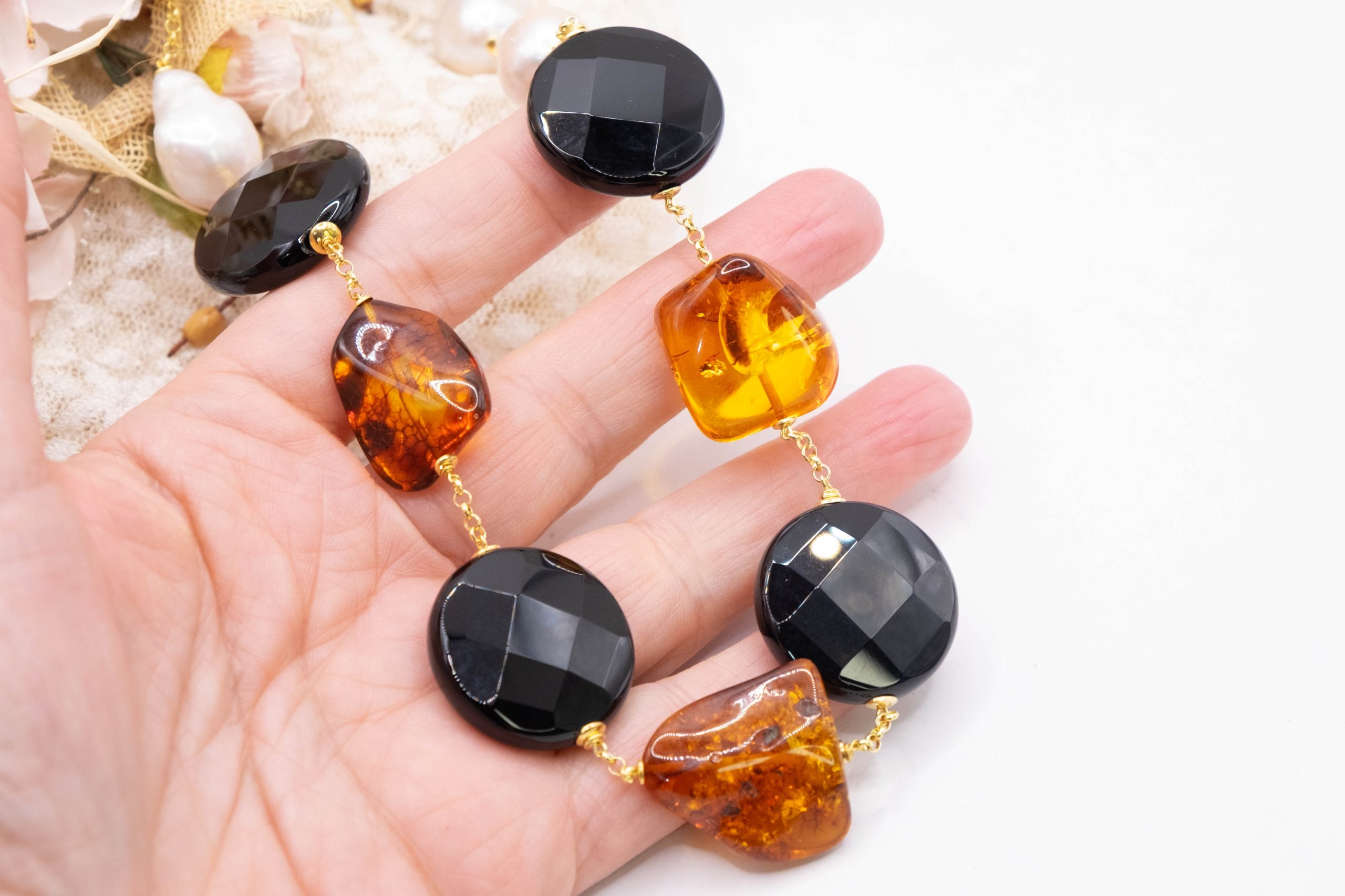 COLLANA ARTIGIANALE AMBRA ONICE PERLE ARGENTO 925 PLACCATO ORO (3)