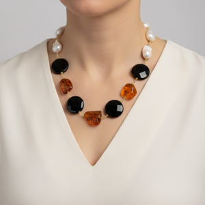 Collana Perle Naturali Barocche Ambra del Baltico Onice Argento 925