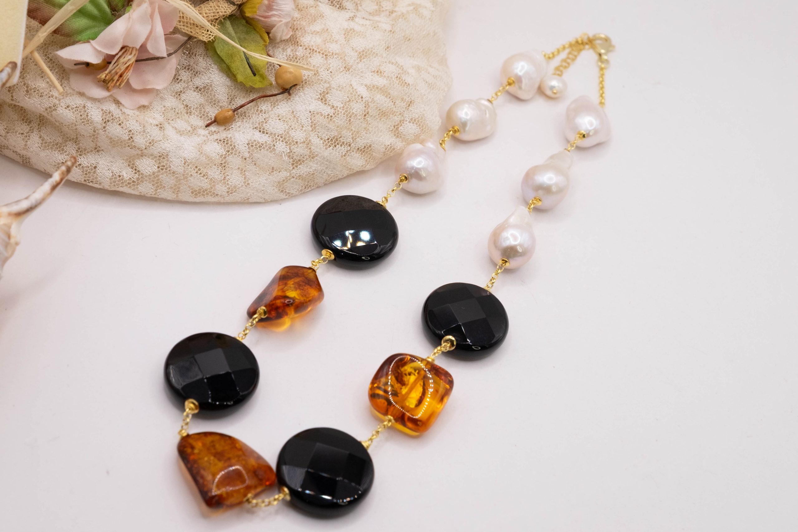 COLLANA ARTIGIANALE AMBRA ONICE PERLE ARGENTO 925 PLACCATO ORO (4)