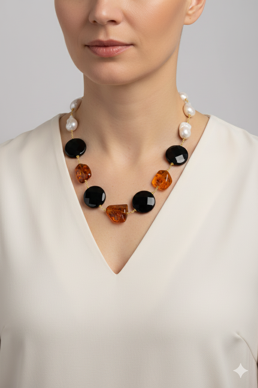 COLLANA ARTIGIANALE AMBRA ONICE PERLE ARGENTO 925 PLACCATO ORO