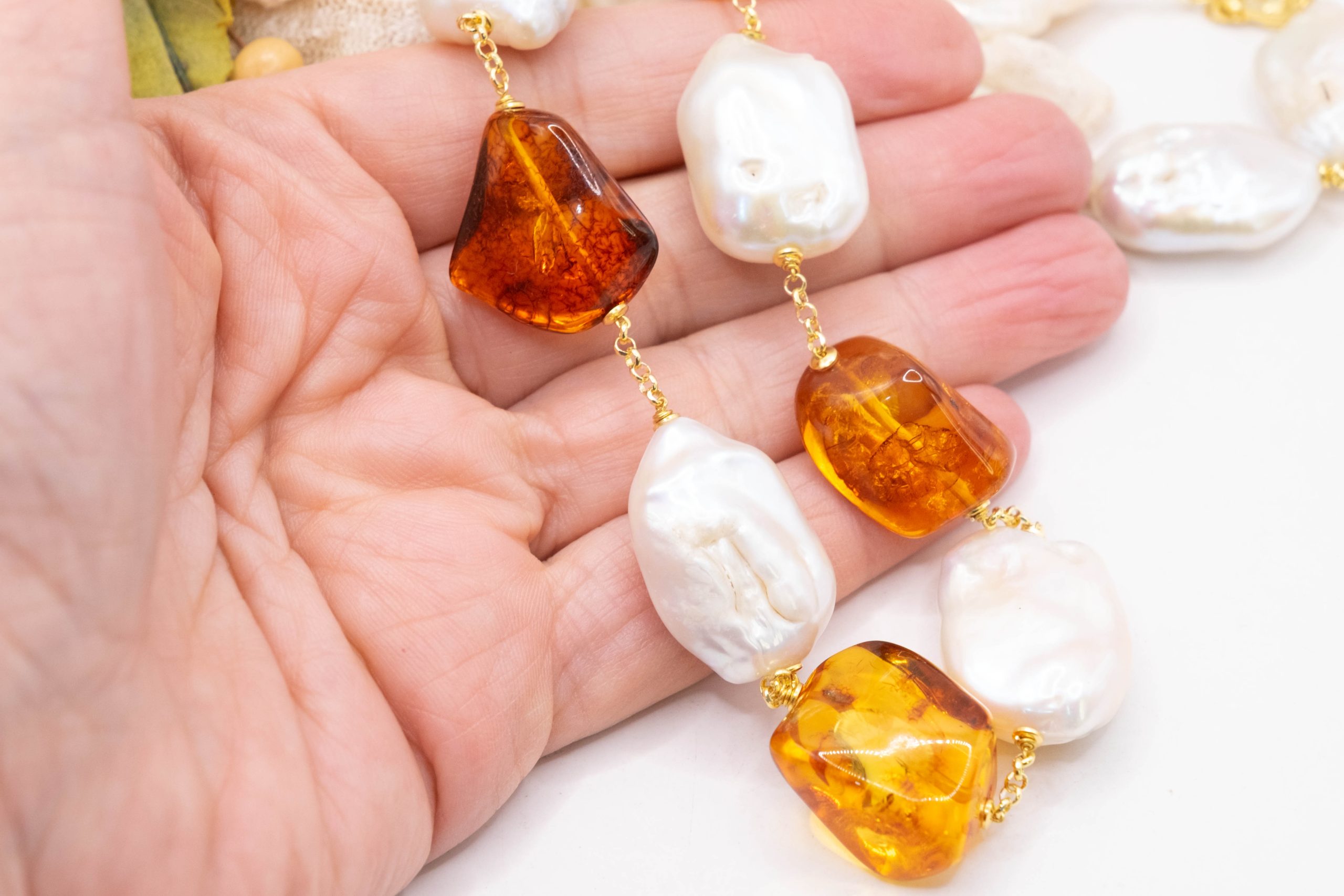 HANDMADE AMBER BAROQUE PEARL NECKLACE 925 GOLD PLATED SILVER (1)