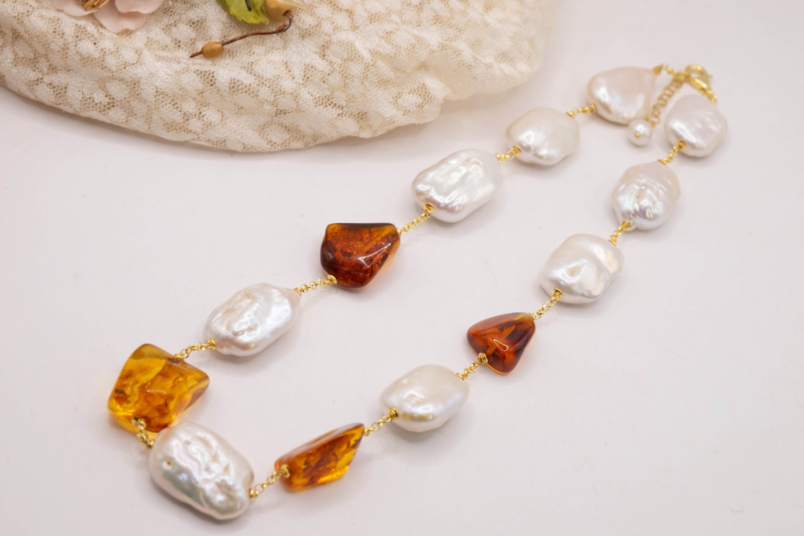 HANDMADE AMBER BAROQUE PEARL NECKLACE 925 GOLD PLATED SILVER (2)