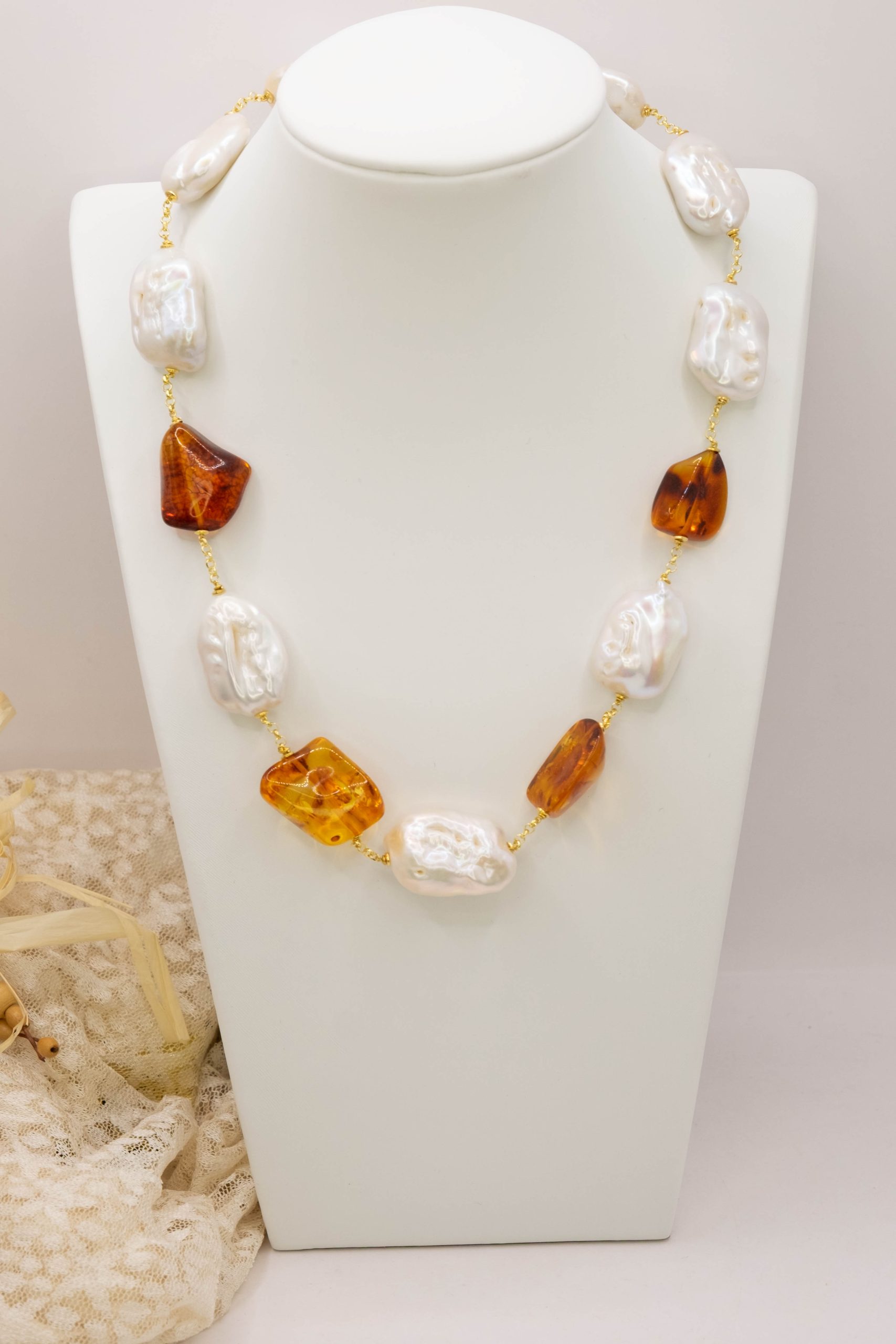 HANDMADE AMBER BAROQUE PEARL NECKLACE 925 GOLD PLATED SILVER (3)