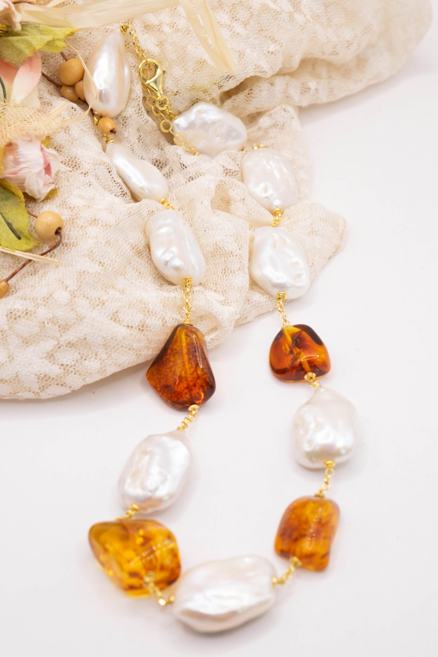 HANDMADE AMBER BAROQUE PEARL NECKLACE 925 GOLD PLATED SILVER (4)