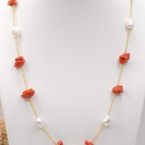Collana Artigianale Argento 925 Dorato Corallo Perle