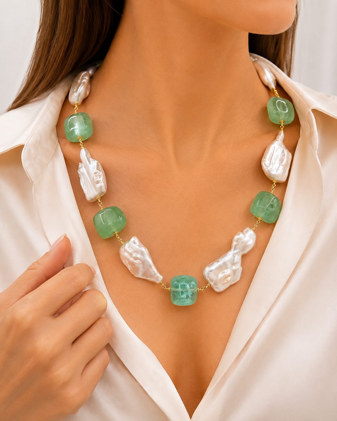 Handcrafted Fluorite Necklace with Large Silver Beads