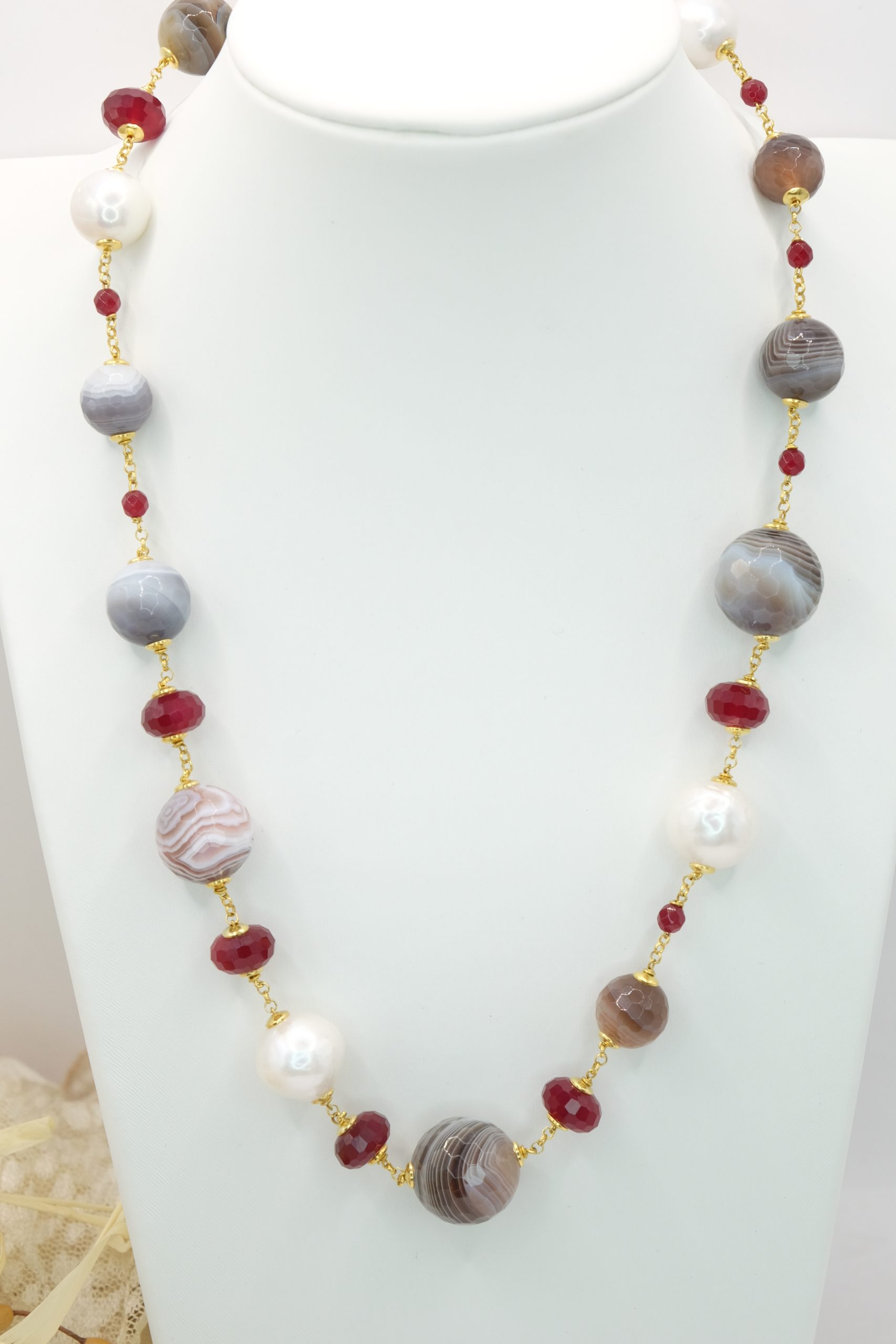 COLLANA CALCEDONIO PERLE GIADA BORGOGNA EMATITE ARGENTO