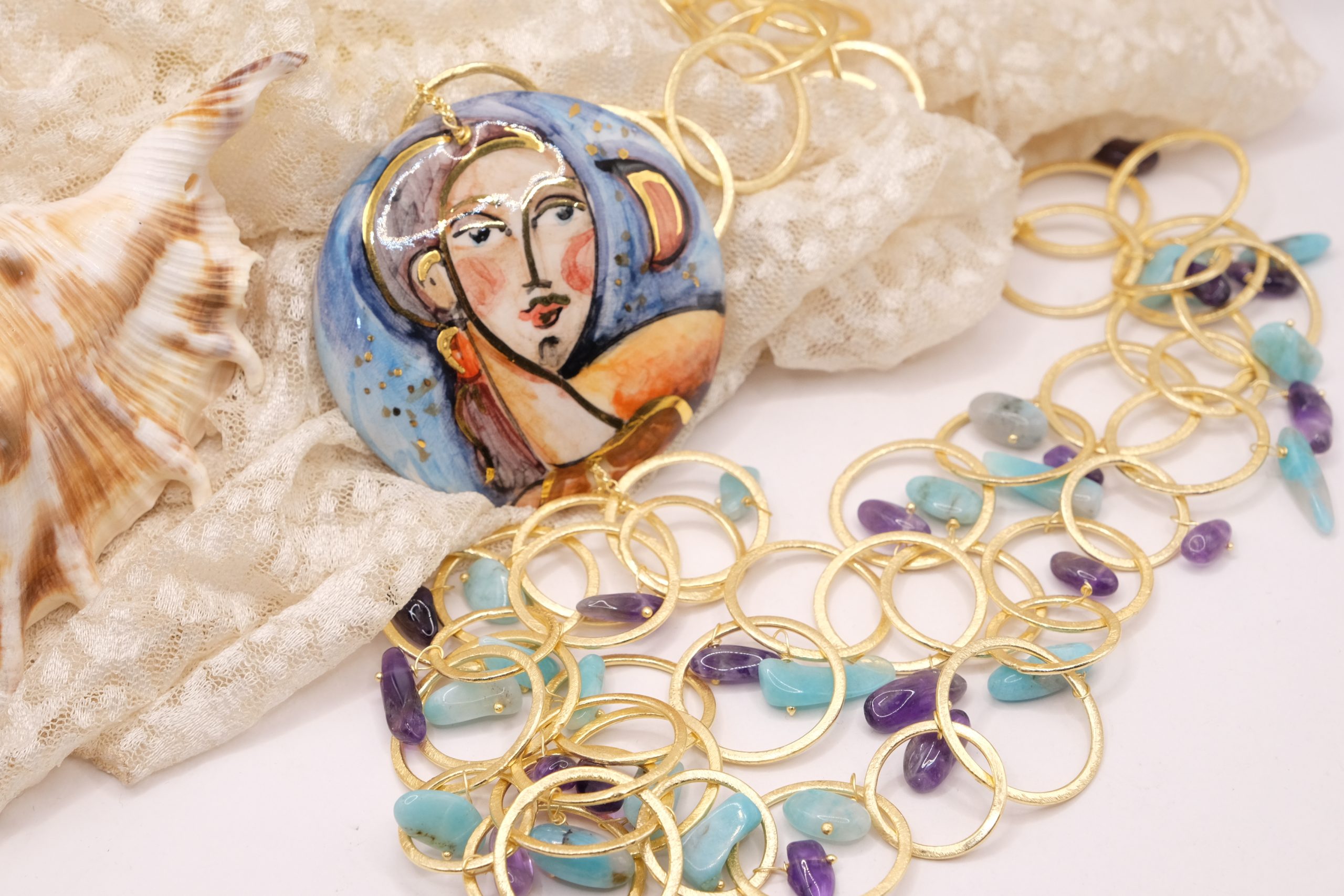 COLLANA CERAMICA ARTIGIANALE PIASTRA AMAZZONITE AMETISTA (1)