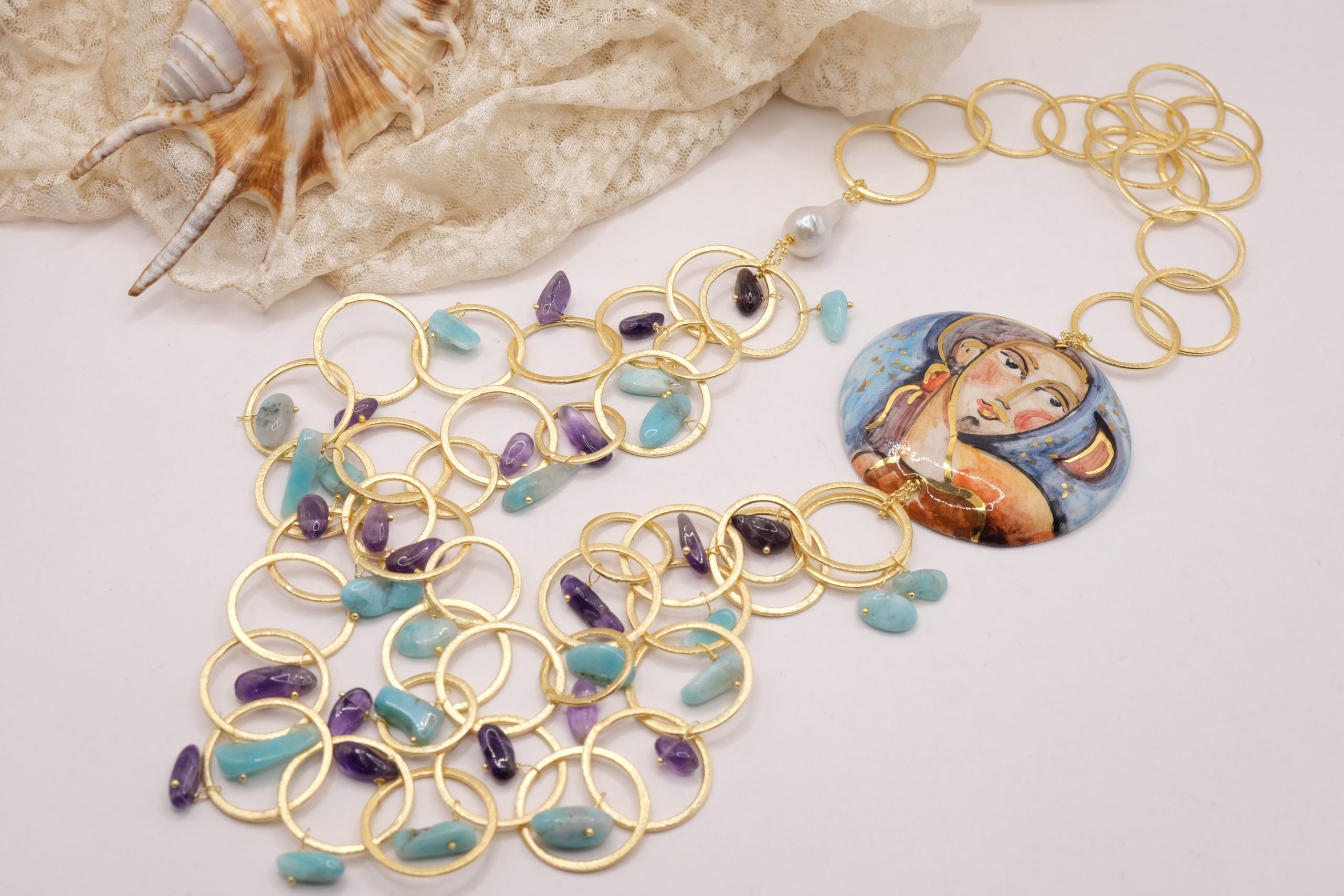 COLLANA CERAMICA ARTIGIANALE PIASTRA AMAZZONITE AMETISTA (3)