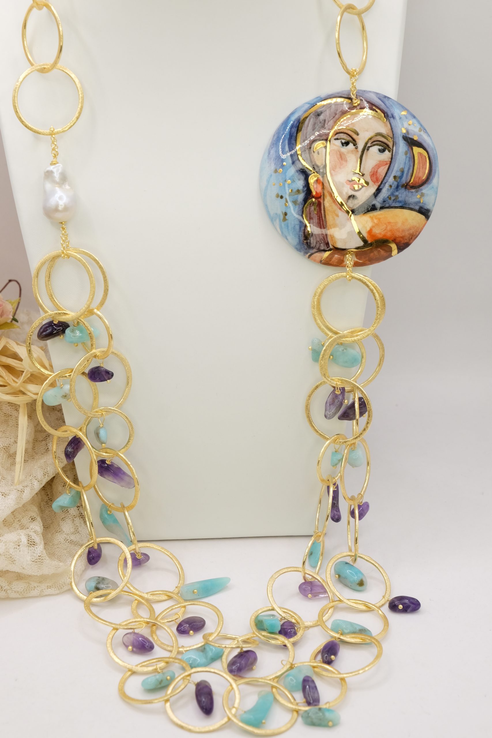 COLLANA CERAMICA ARTIGIANALE PIASTRA AMAZZONITE AMETISTA