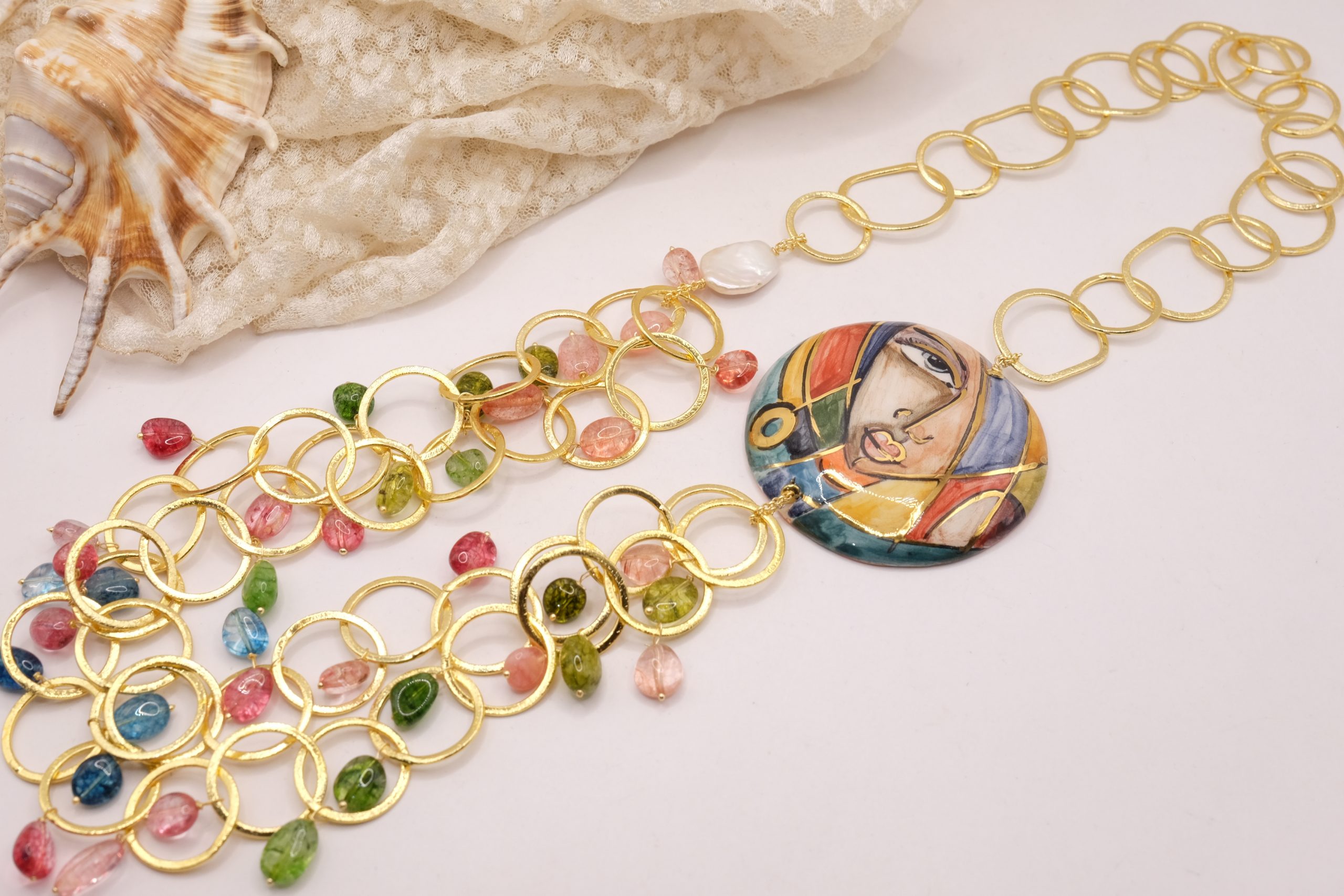 COLLANA CERAMICA ARTIGIANALE PIASTRA TORMALINE MULTICOLORE (1)