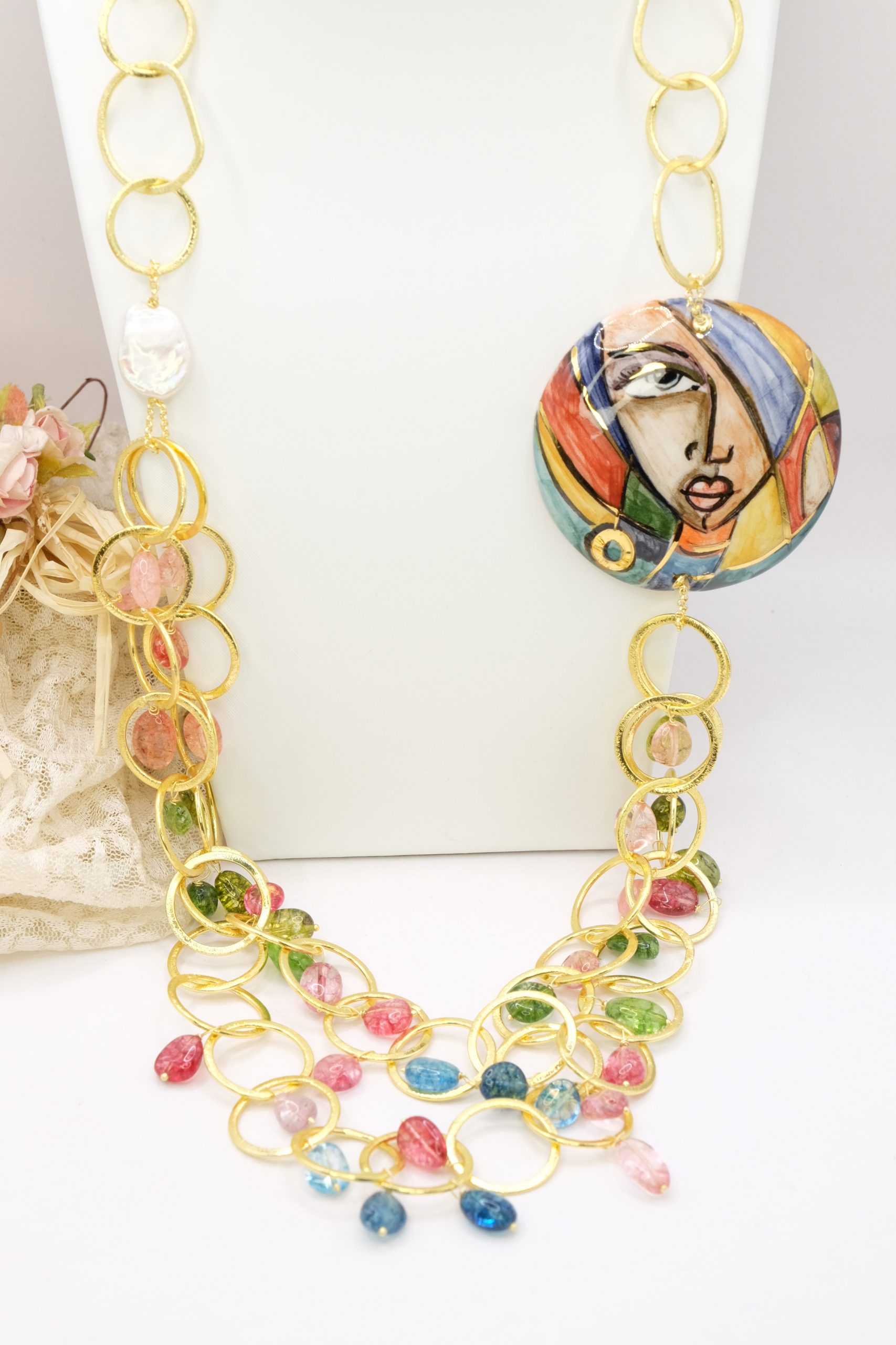 COLLANA CERAMICA ARTIGIANALE PIASTRA TORMALINE MULTICOLORE (2)