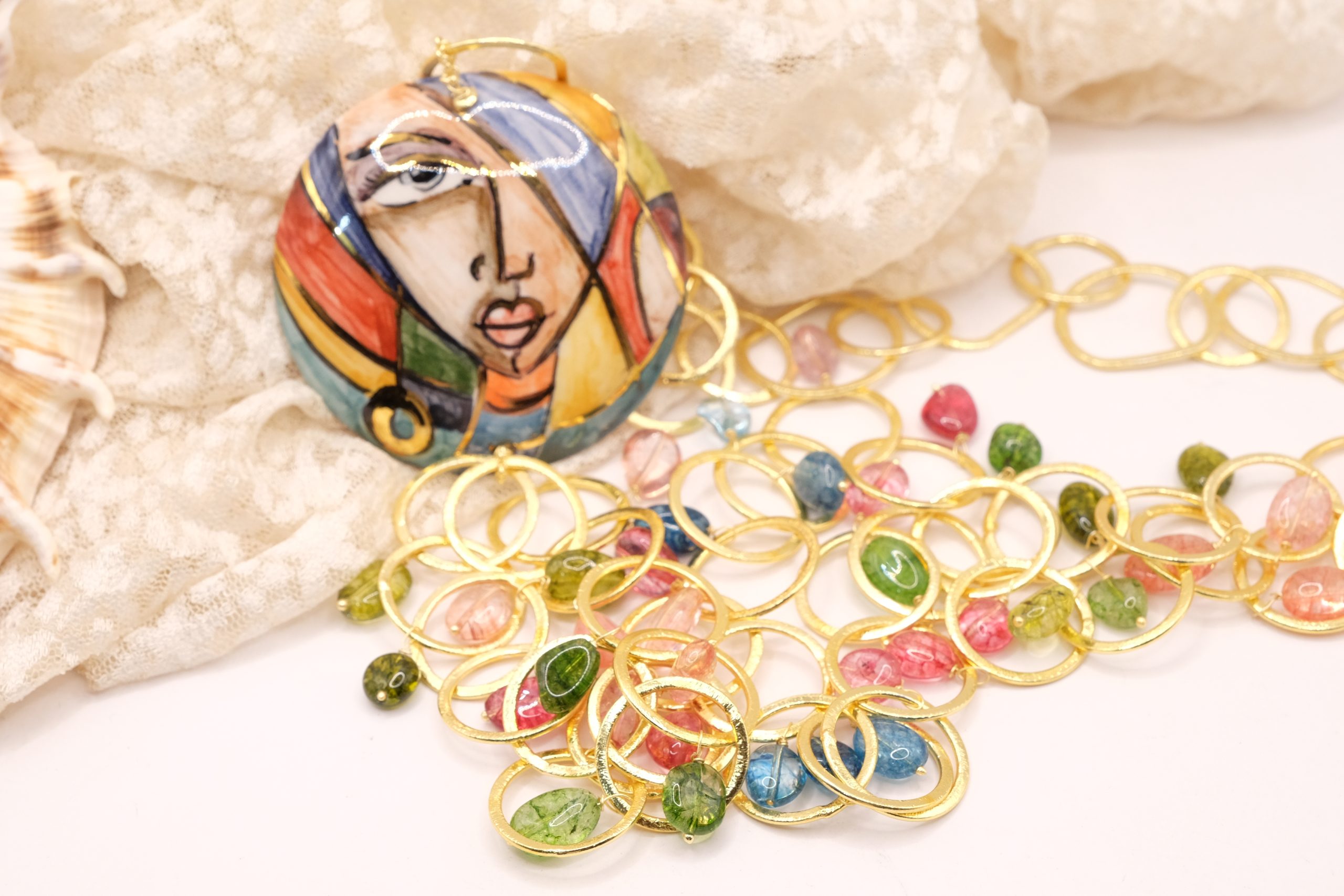 COLLANA CERAMICA ARTIGIANALE PIASTRA TORMALINE MULTICOLORE (3)