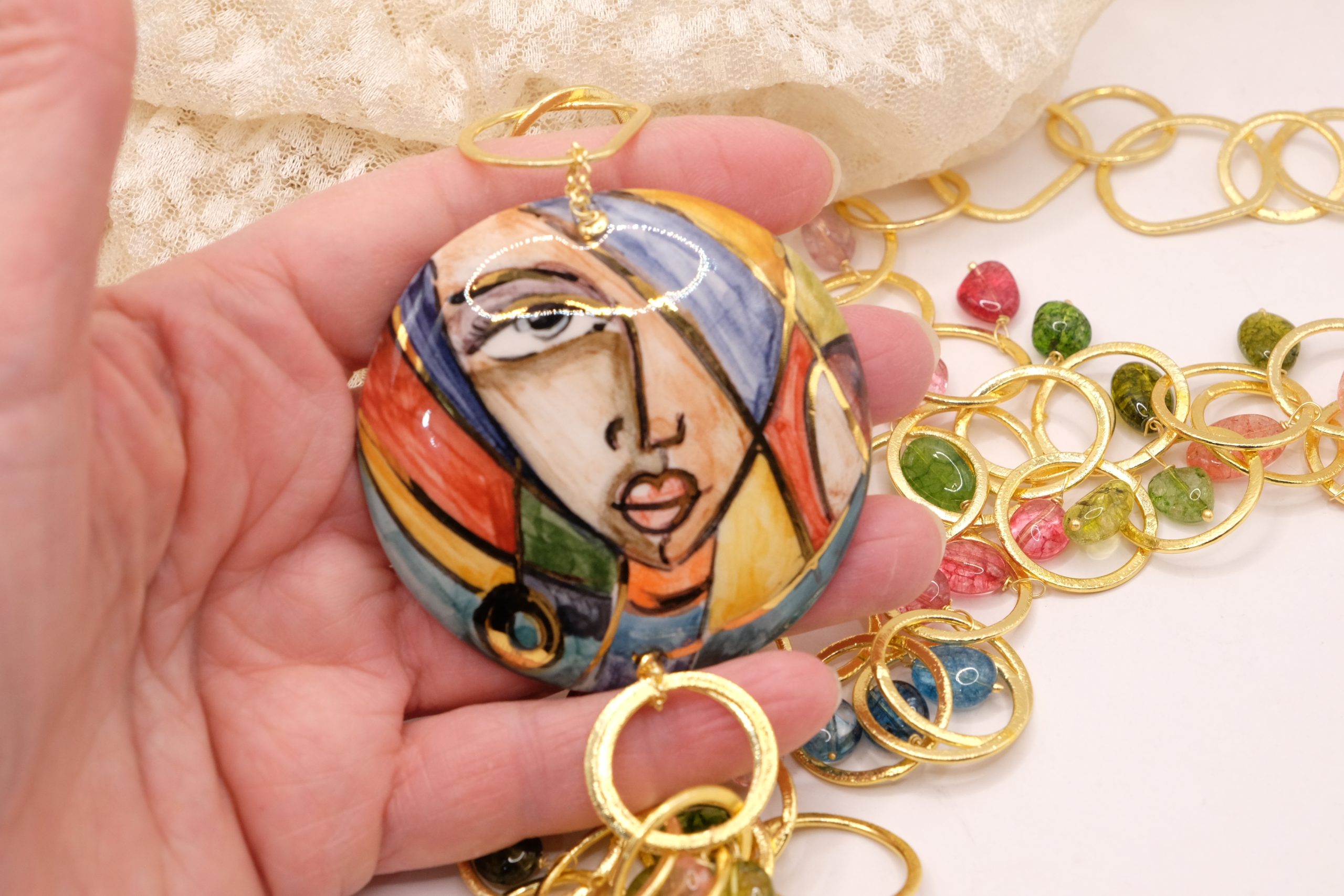 COLLANA CERAMICA ARTIGIANALE PIASTRA TORMALINE MULTICOLORE (4)