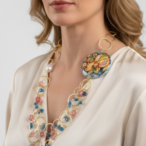 Collana Multifilo Ceramica di Caltagirone Tormaline Rosa Azzurro Perla