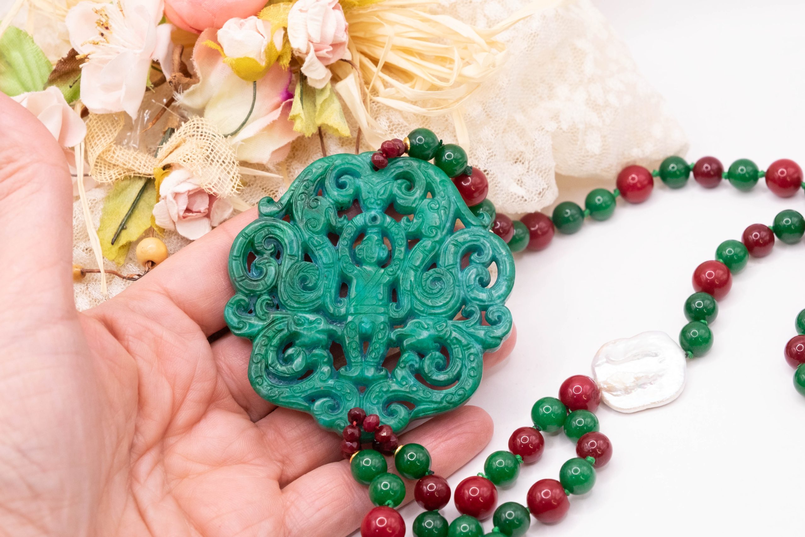 COLLANA GIADA VERDE BORGOGNA ARTIGIANALE MANDALA (1)