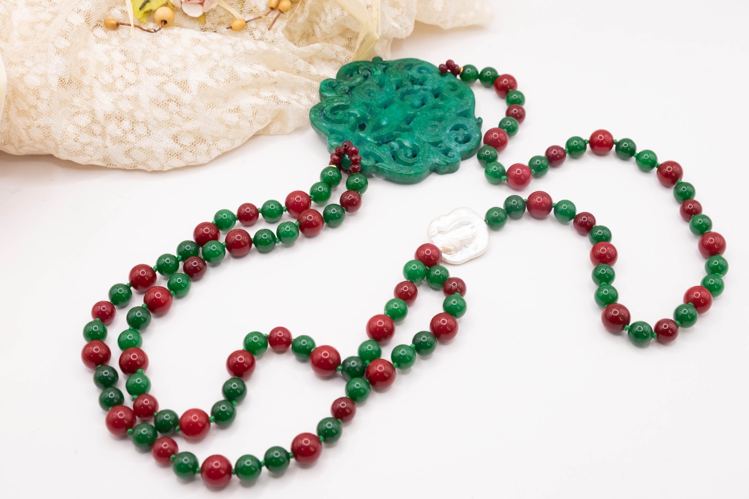 COLLANA GIADA VERDE BORGOGNA ARTIGIANALE MANDALA (2)