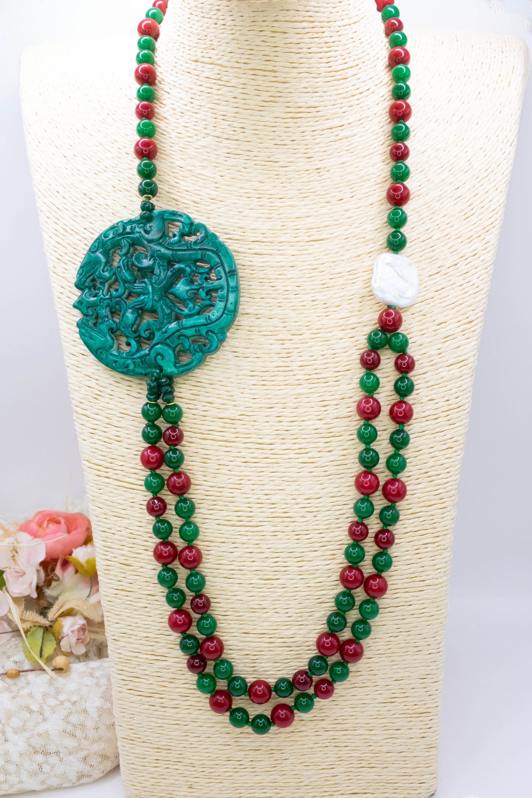 COLLANA GIADA VERDE BORGOGNA ARTIGIANALE MANDALA (3)