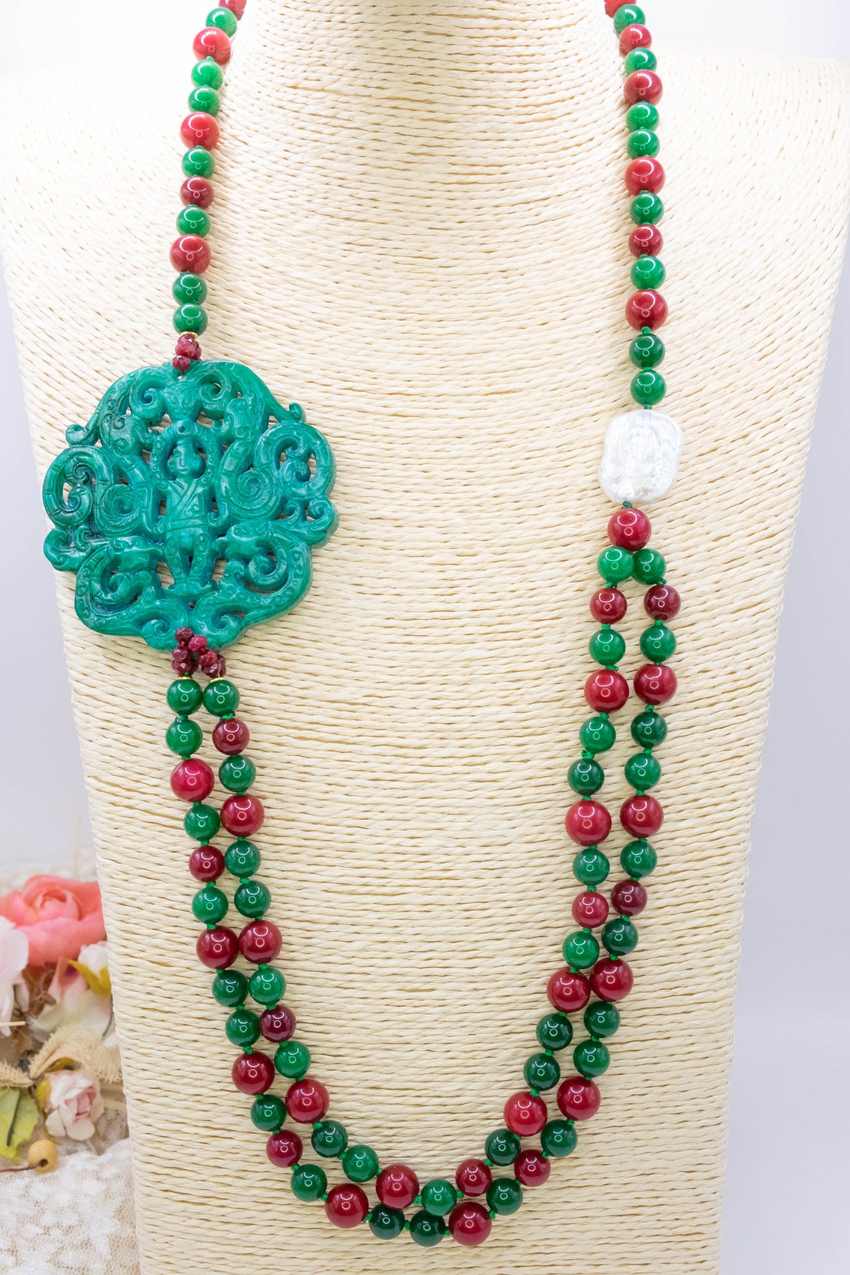 COLLANA GIADA VERDE BORGOGNA ARTIGIANALE MANDALA (4)