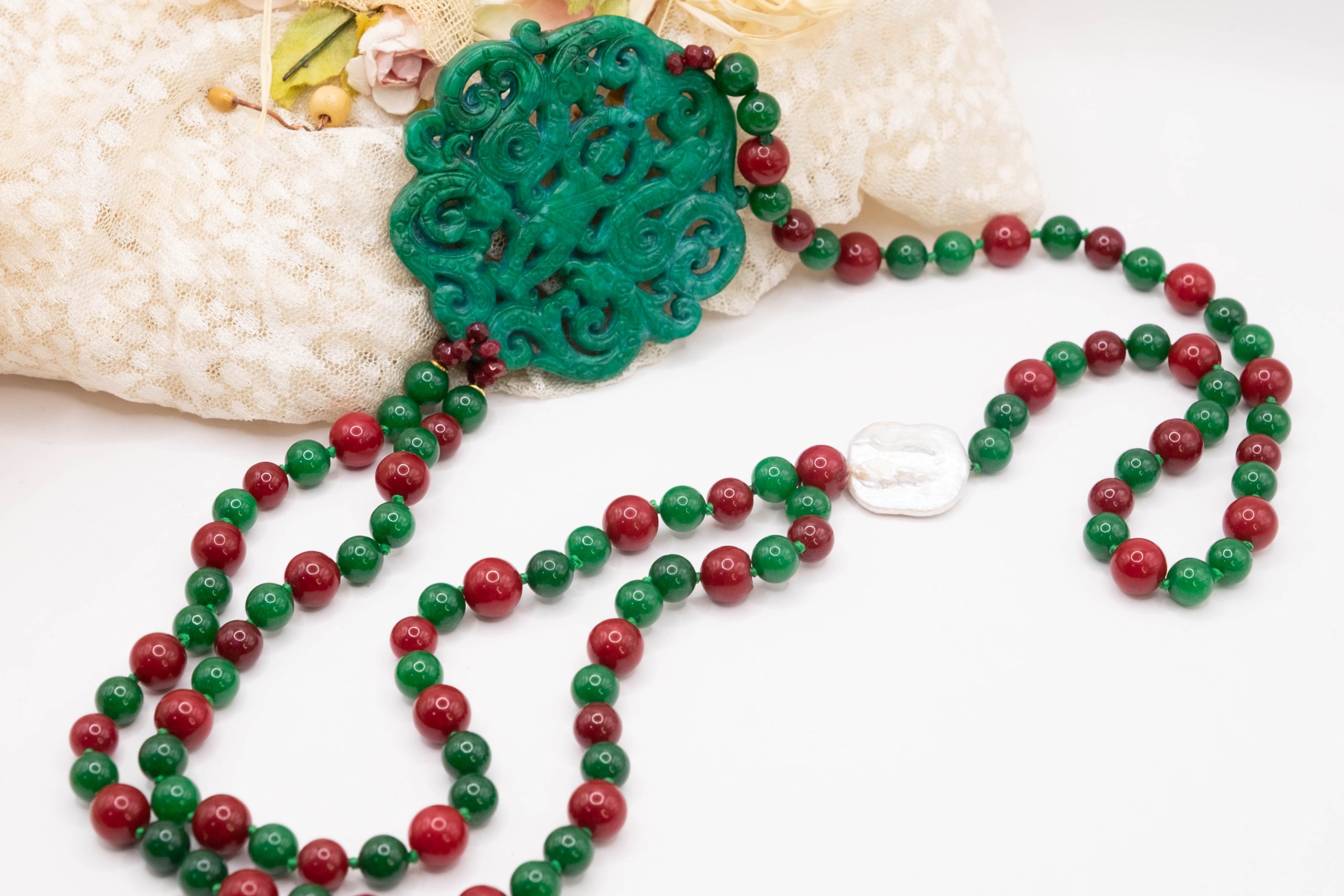 COLLANA GIADA VERDE BORGOGNA ARTIGIANALE MANDALA (5)