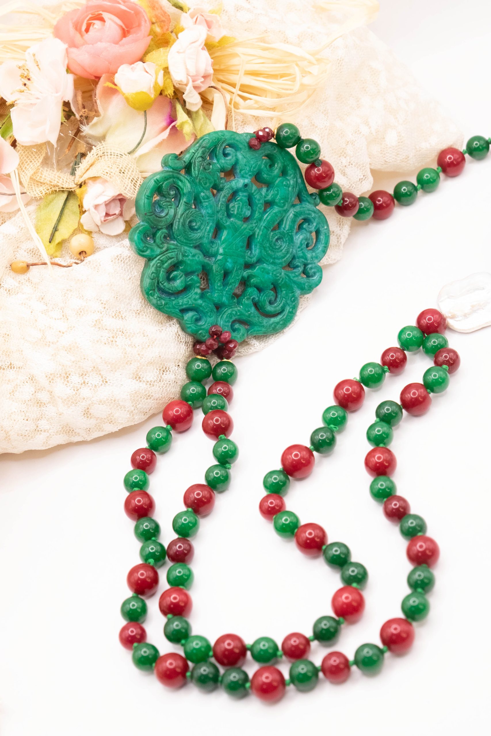 COLLANA GIADA VERDE BORGOGNA ARTIGIANALE MANDALA (6)