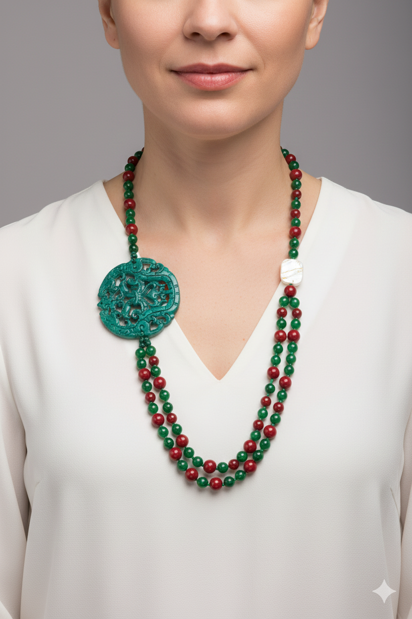 COLLANA GIADA VERDE BORGOGNA ARTIGIANALE MANDALA
