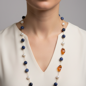 Collana Perle Naturali Barocche Ambra Lapis Argento 925