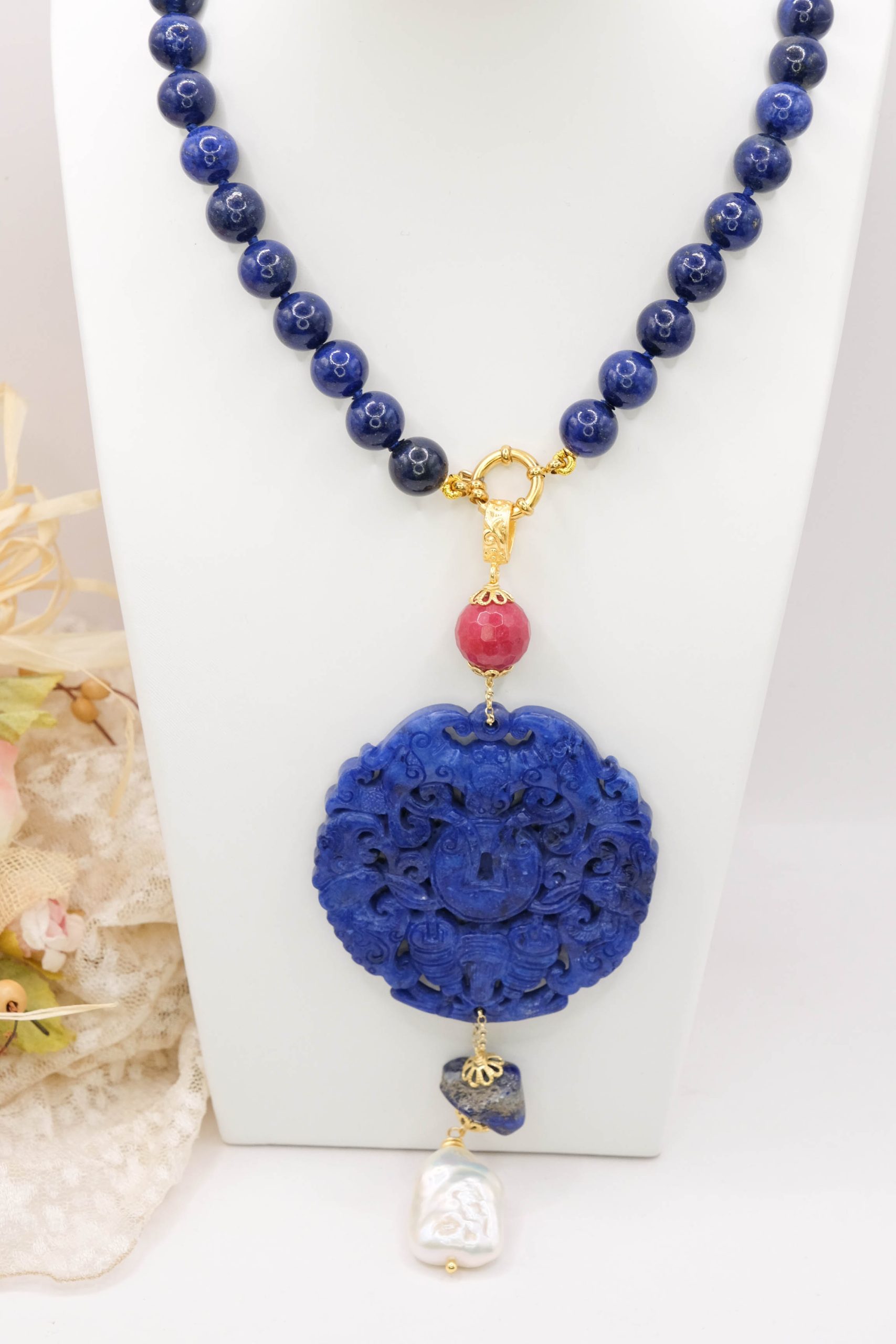 MANDALA NECKLACE LAPIS JADE PEARL HANDMADE (5)