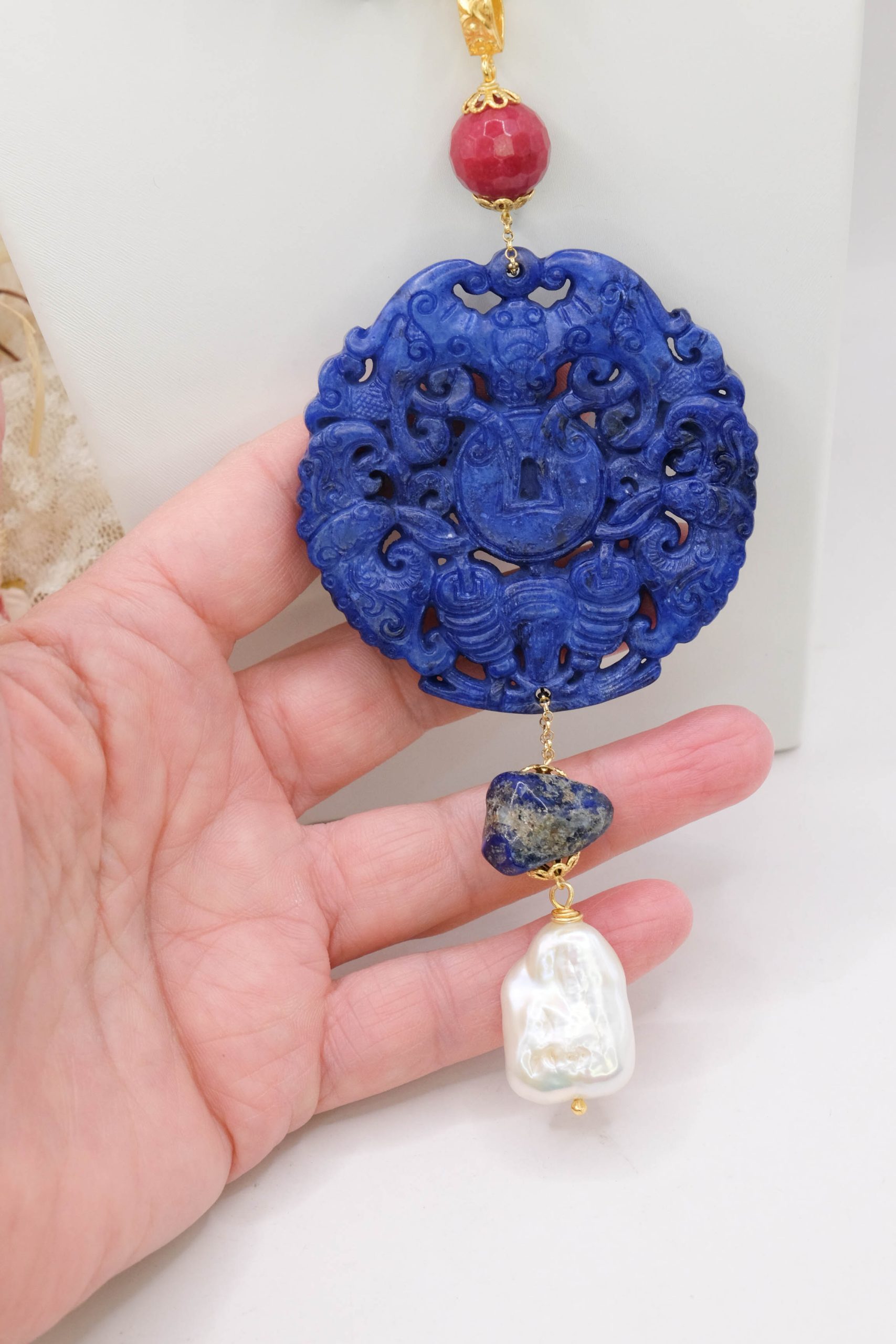 MANDALA NECKLACE LAPIS JADE PEARL HANDMADE (6)