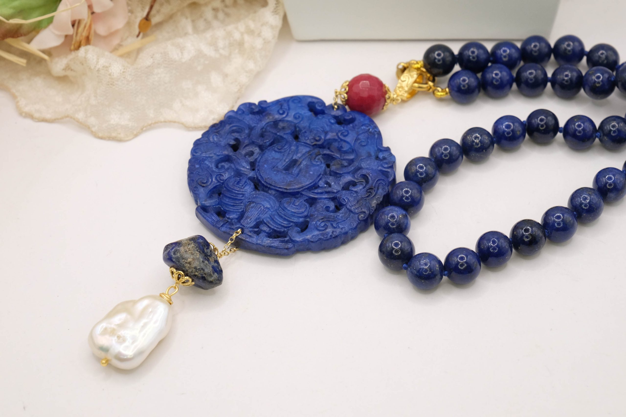 MANDALA NECKLACE LAPIS JADE PEARL HANDMADE (7)