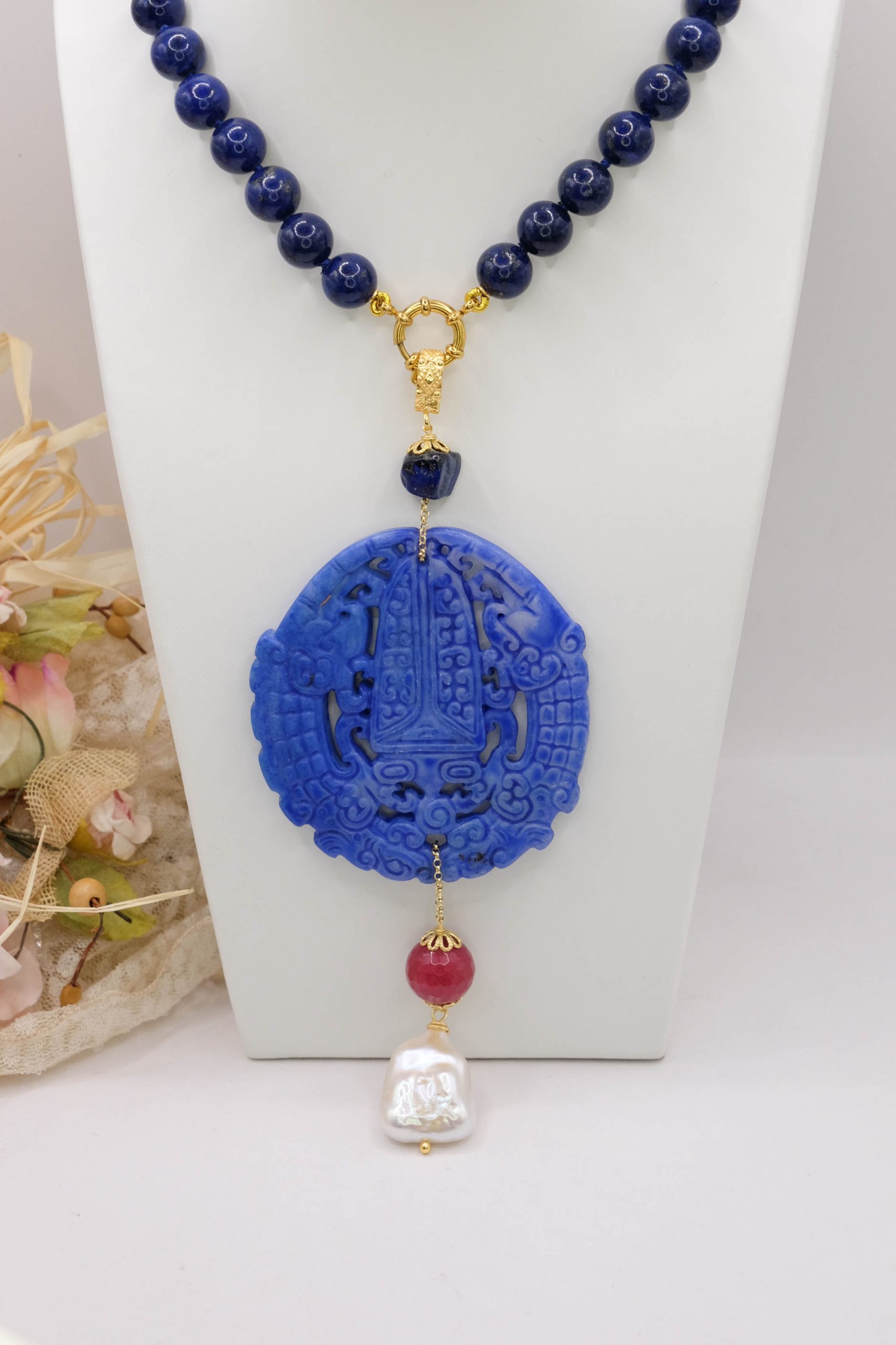 MANDALA NECKLACE LAPIS JADE PEARL HANDMADE (8)