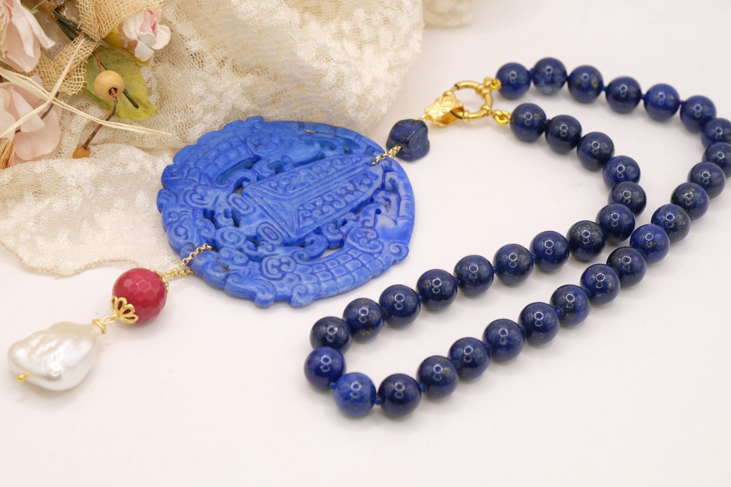 MANDALA LAPIS JADE PEARL NECKLACE HANDMADE (9)