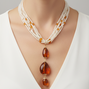 Collana Multifilo Perle Naturali Ambra del Baltico Argento 925