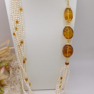 Collana Lunga Multifilo Perle Naturali Ambra del Baltico Argento 925
