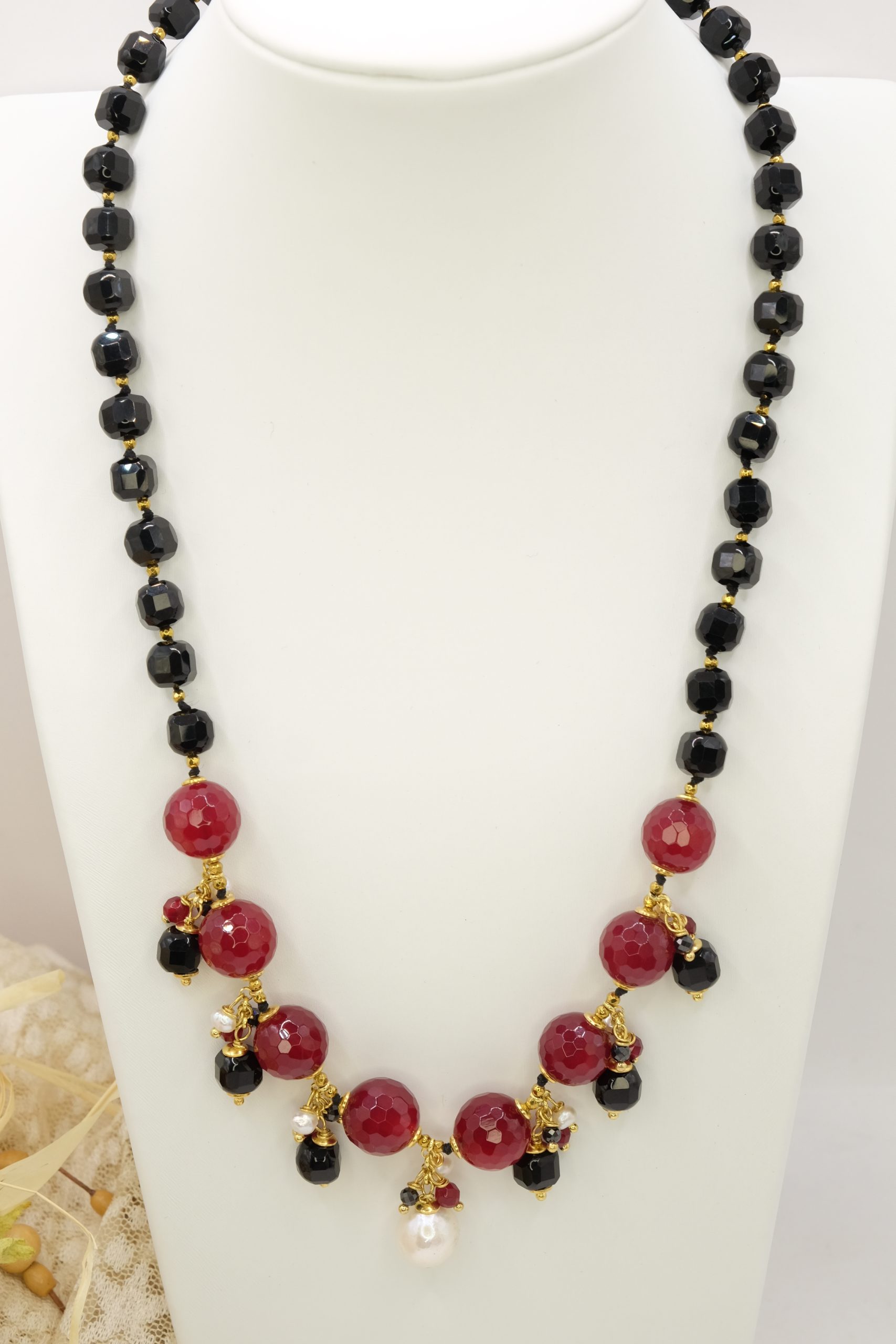 COLLANA ONICE GIROCOLLO CIONDOLI GIADA BORGOGNA PERLE ARGENTO 925